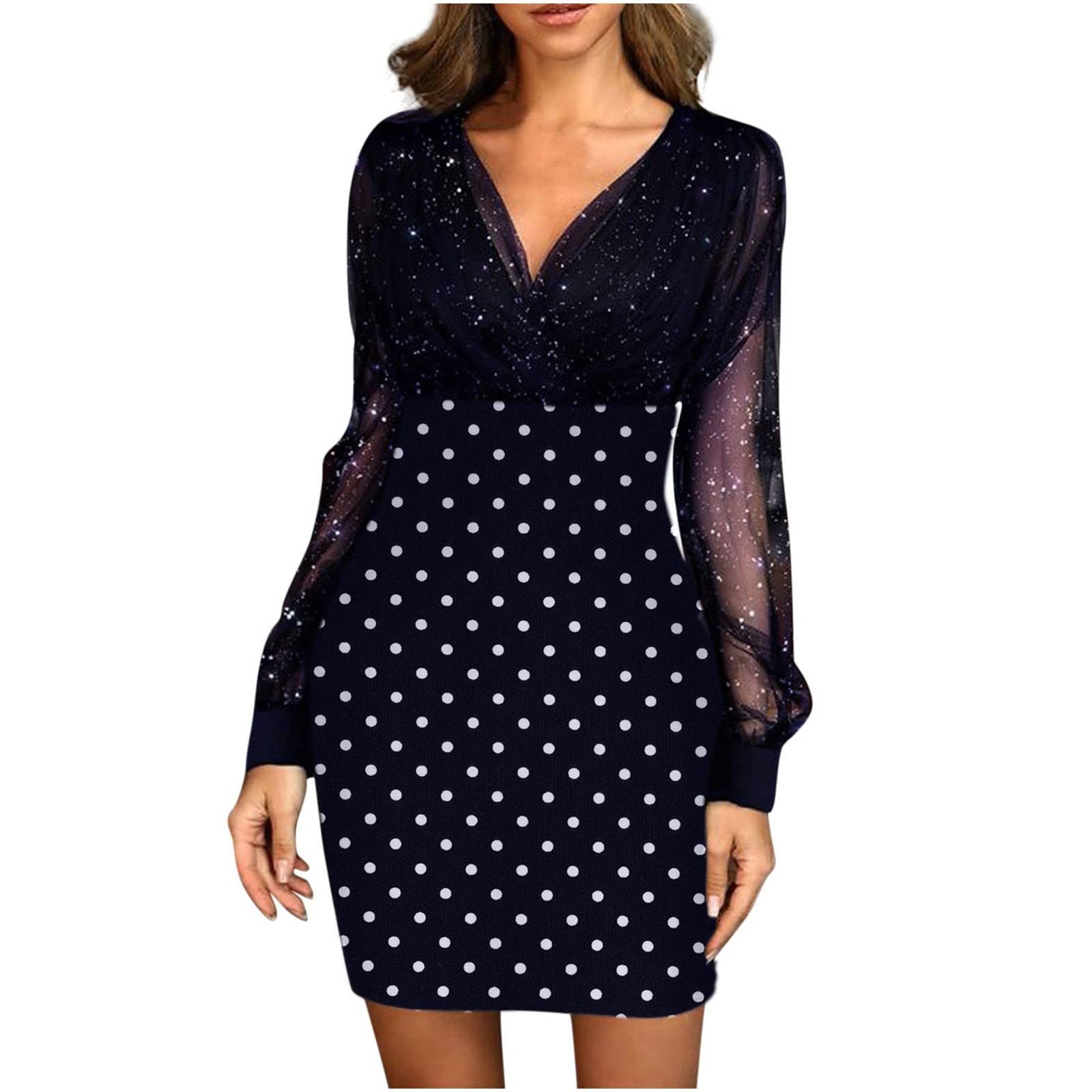 Jsarle Women's Sexy See-Through Long Sleeve Polka Dot Mesh Mini Cocktail Dress - V-Neck Lace Wedding Guest Dress for Parties, Date Nights & Special Occasions