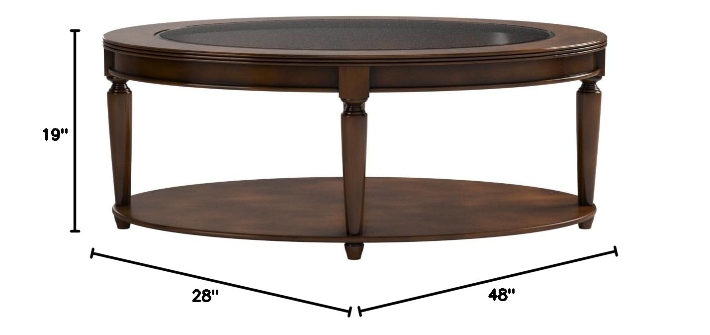 Furniture of America Claire Traditional Oval Coffee Table with Tempered Glass Top & Storage Shelf - Dark Cherry Finish for Living Room, Lounge, or Office