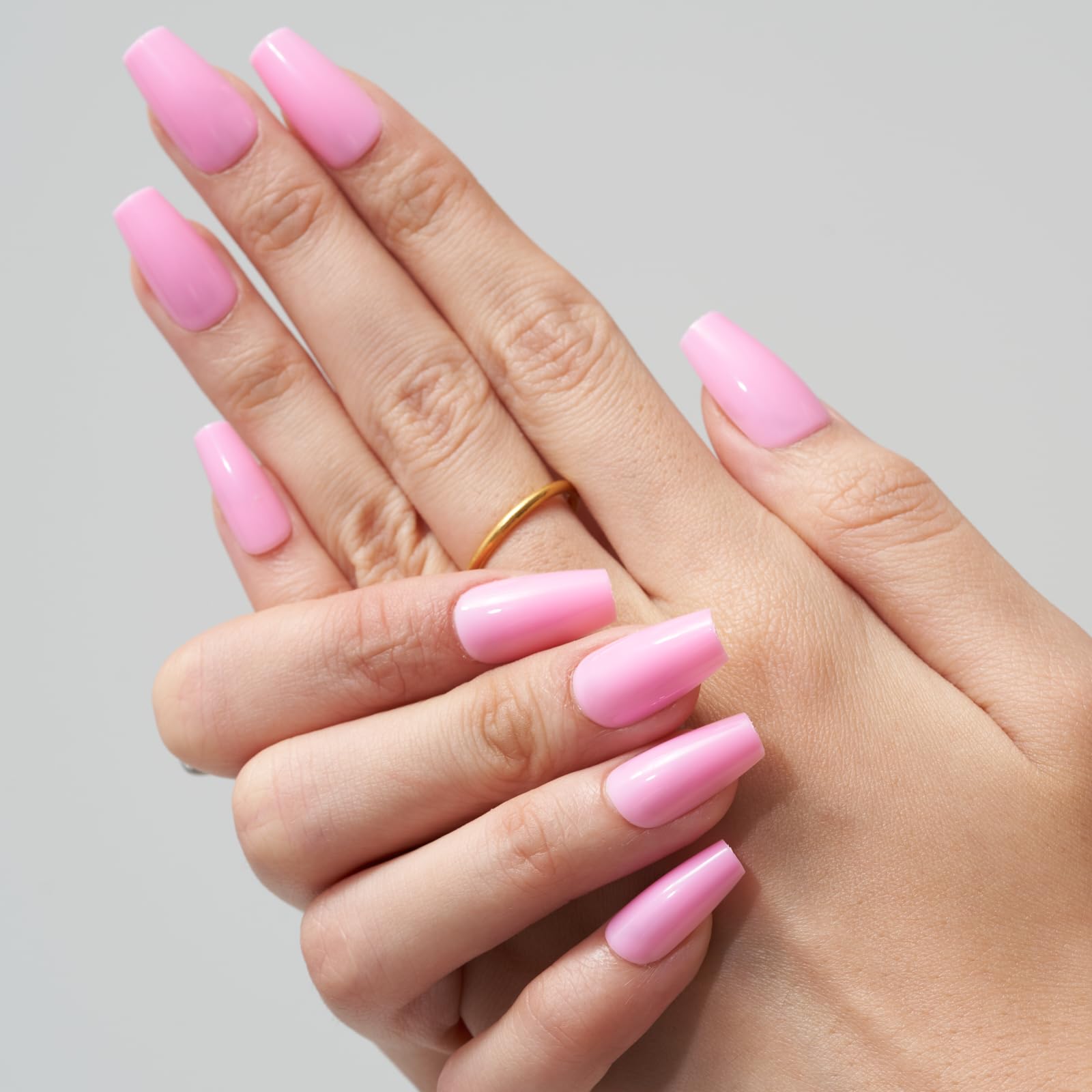 GLAMERMAID Short Coffin Press on Nails - 24Pcs Light Pink Glossy Medium Square Fake Nails with UV Finish | Reusable Acrylic False Nails Manicure Kit for Women | Perfect for Spring Summer, Weddings & Special Occasions
