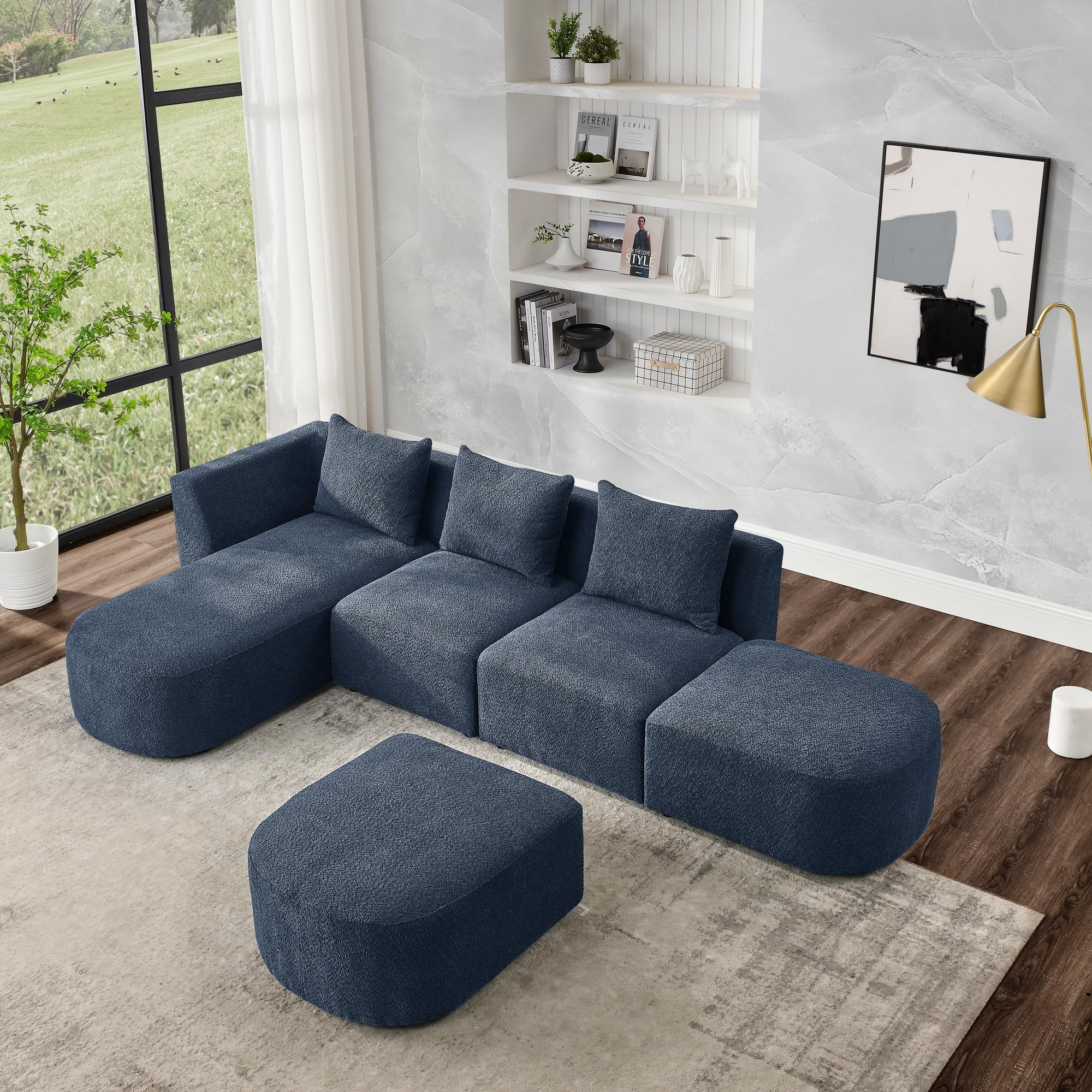 Modern L-Shape Sectional Sofa Set with 2 Single Seats, Left Chaise & 2 Ottomans - DIY Modular Couch in Loop Yarn Fabric (Navy Blue Polyester) for Living Room, Bedroom, Home Theater & Small Spaces - L-Shape-A08