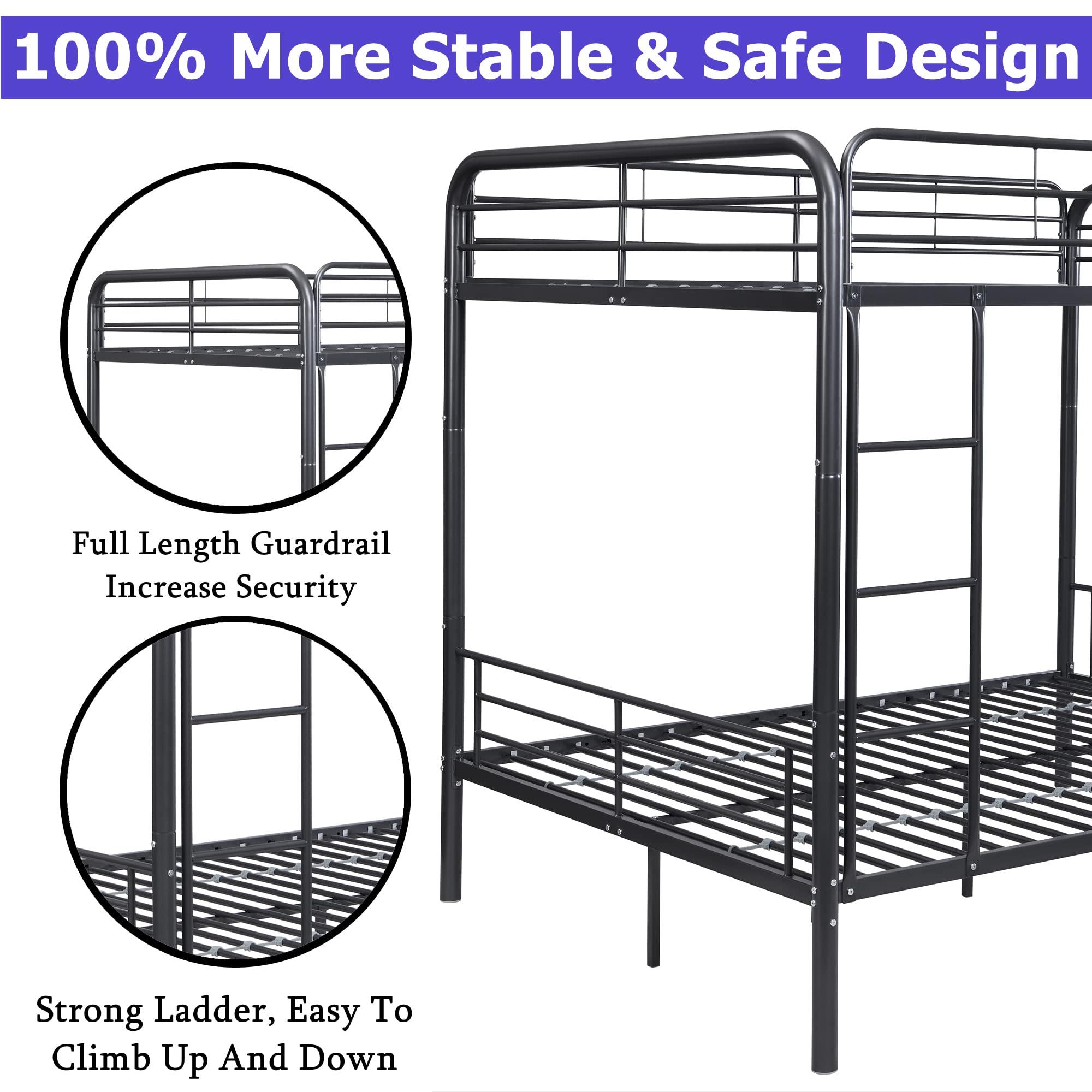 Heavy Duty Full Over Full Metal Bunk Bed with Ladder & Rails - Convertible for Kids & Adults - Perfect for Dorms & Small Spaces