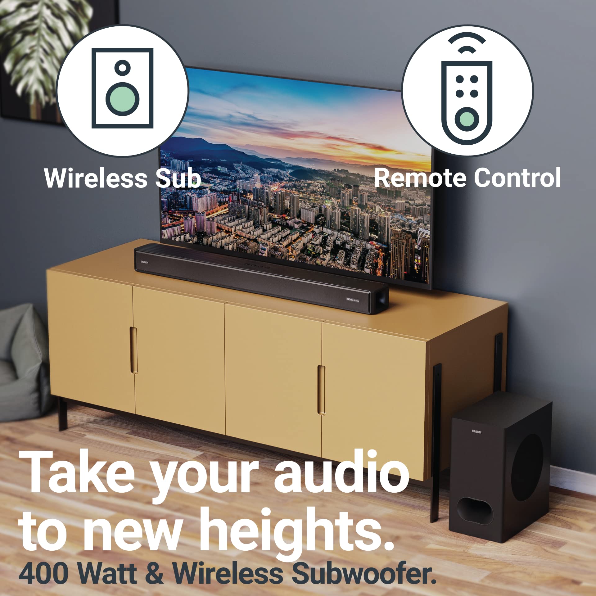 Majority Sierra 2.1.2 Dolby Atmos Soundbar with Wireless Subwoofer - 400W Powerful TV Sound Bar for Home Theater | 3D Audio with Up-Firing Atmos Speakers | HDMI ARC, Bluetooth, USB & AUX | Perfect for Movie Nights & Gaming Setup
