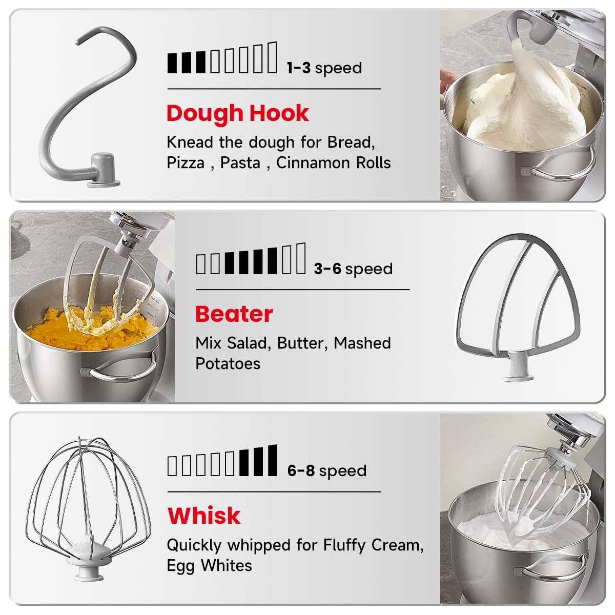 Hauswirt M5C 500W 5.4Qt Tilt-Head Stand Mixer - 8 Speed Electric Kitchen Mixer with Dough Hook, Wire Whip & Beater (Ivory White) - Perfect for Baking Bread, Cakes, Cookies & More