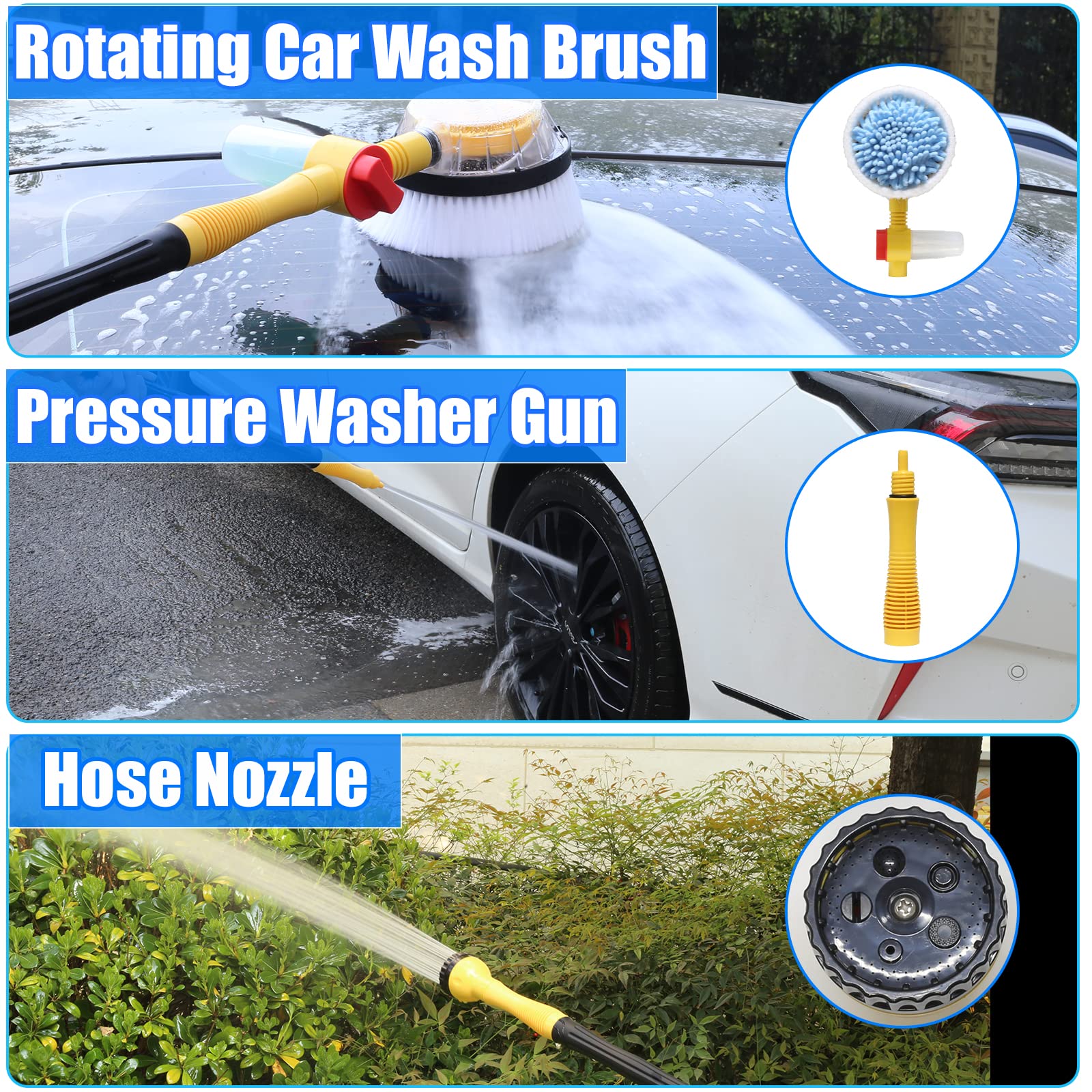 Rotating Car Wash Brush with Long Handle - Auto Foaming Car Wash Kit, Pressure Washer Gun & Hose Nozzle for Cars, Trucks, Pets, Yards & Gardens | Perfect for Home Car Washing, Driveway Cleaning & Pet Grooming