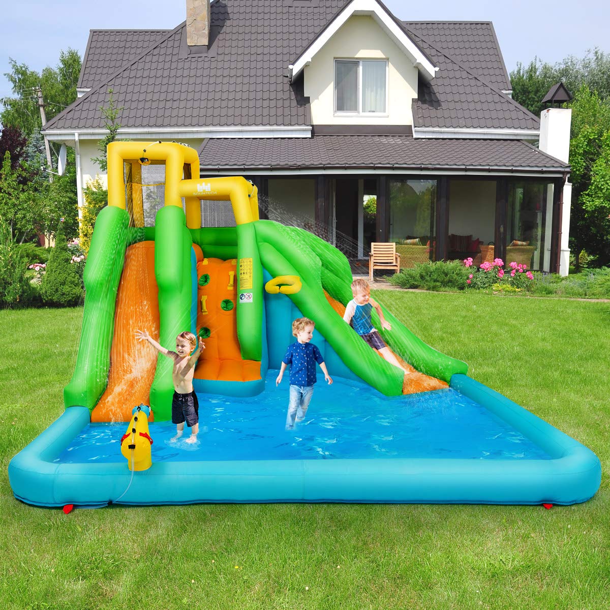 GLACER Kids Inflatable Bouncer Slide - Indoor/Outdoor Bounce House with Splash Pool, 2 Water Slides, Climbing Wall, Basketball Hoop & Water Cannon - Backyard Water Park for Ages 3-10 (Air Blower Not Included) | Perfect for Summer Parties, Birthday Celebrations & Outdoor Family Fun