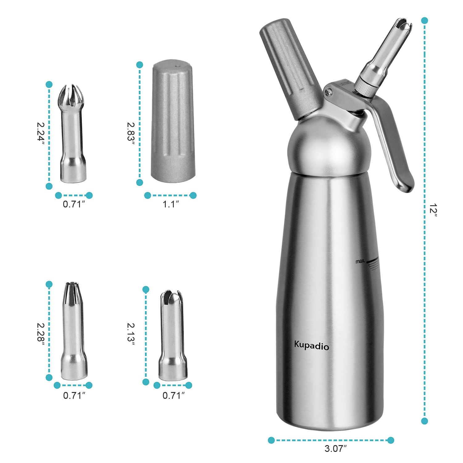 Premium 500mL (1 Pint) Aluminum Whipped Cream Dispenser - Professional Dessert Cream Maker with 3 Decorating Nozzles for Cakes, Coffee & Cocktails | Gourmet Whipped Cream Charger for Home & Commercial Use