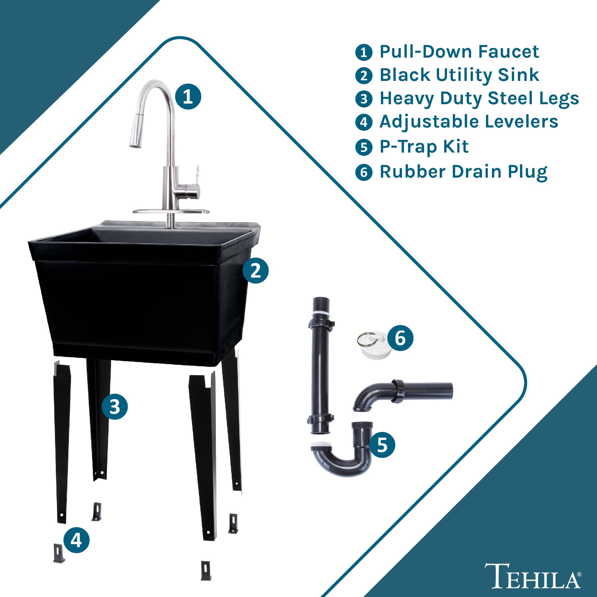 JS Jackson Supplies Laundry Utility Sink with High Arc Pull-Down Faucet - Stainless Steel Faucet & Black Tub for Laundry Room, Basement, Garage, or Workshop Use
