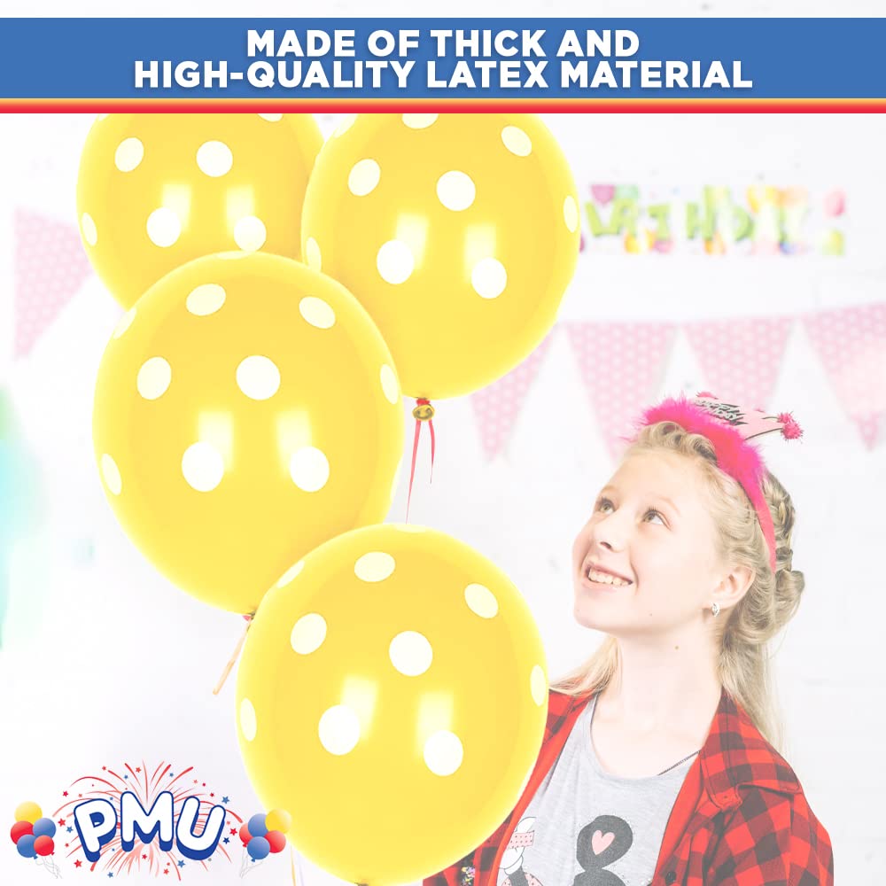 Premium 11 Inch Yellow Polka Dot Balloons - 25 Pack with White Dots for Birthday Parties, Baby Showers & Decorations | PMU PartyTex All-Over Print Latex Balloons