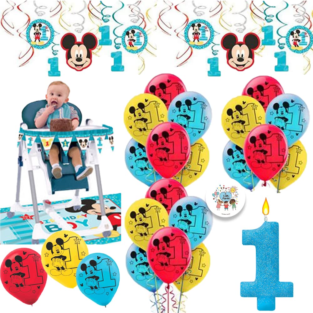 1st Birthday Party Supplies - Mickey Mouse Theme Decorations Kit with High Chair Banner, Balloons & Cake Candle | Fun to be One Celebration Decor for Baby's First Birthday Party