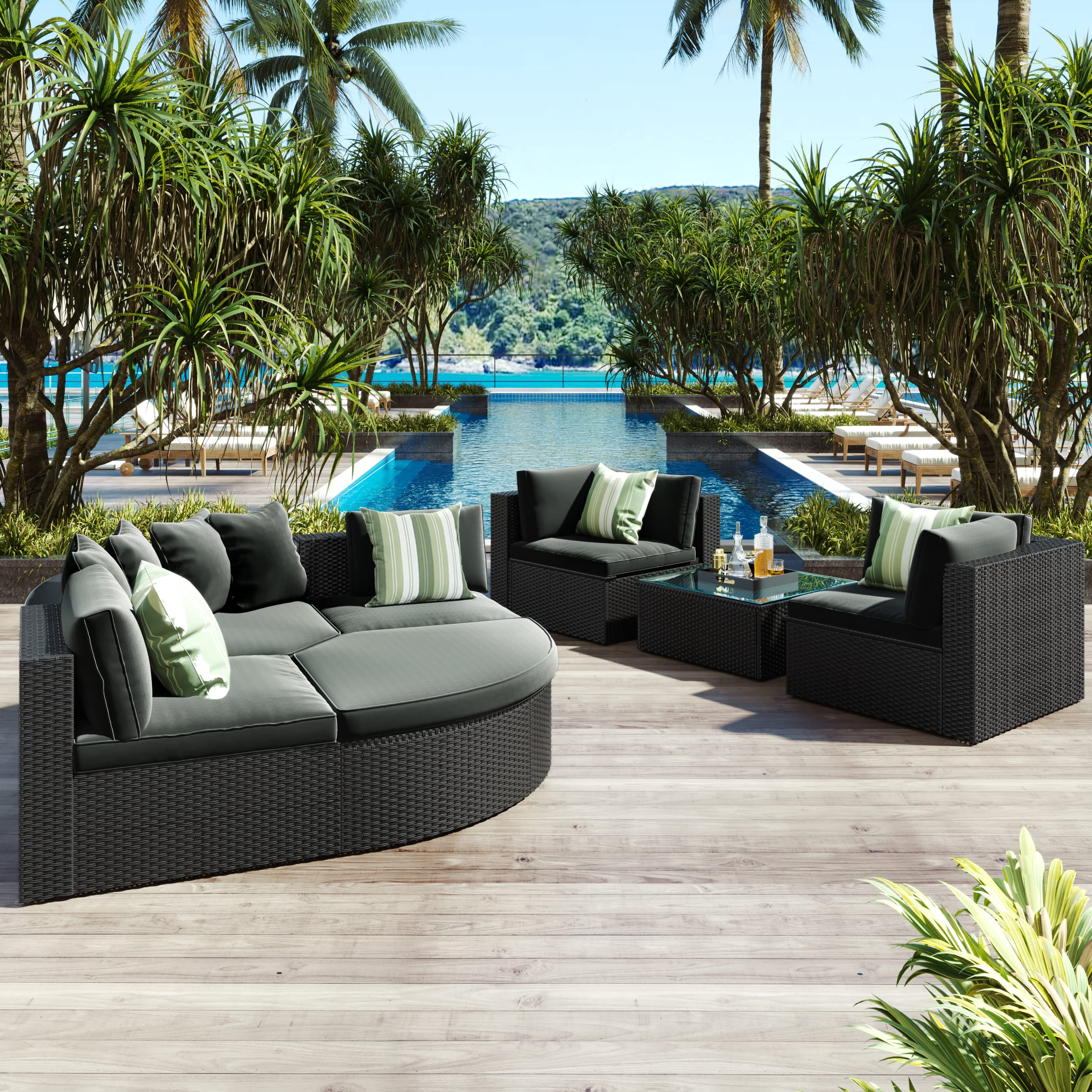 7-Piece Patio Furniture Set Outdoor Wicker Sofa with Coffee Table & Striped Green Pillows - Grey Rattan Conversation Set for Garden, Poolside, and Backyard Relaxation