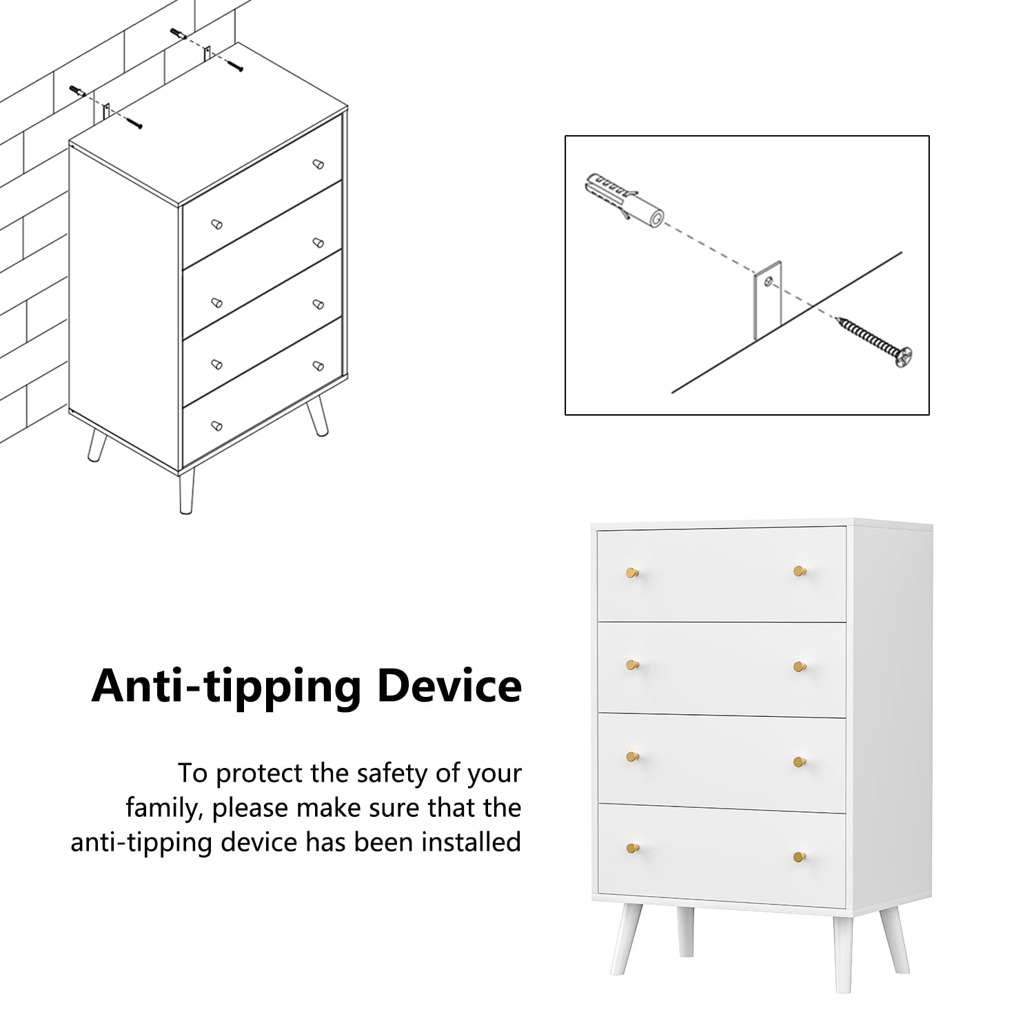 Modern White Dresser - Tall 4 Drawer Wooden Chest for Bedroom, Living Room & Home Office | Stylish Storage Solution for Clothes, Linens & Home Organization