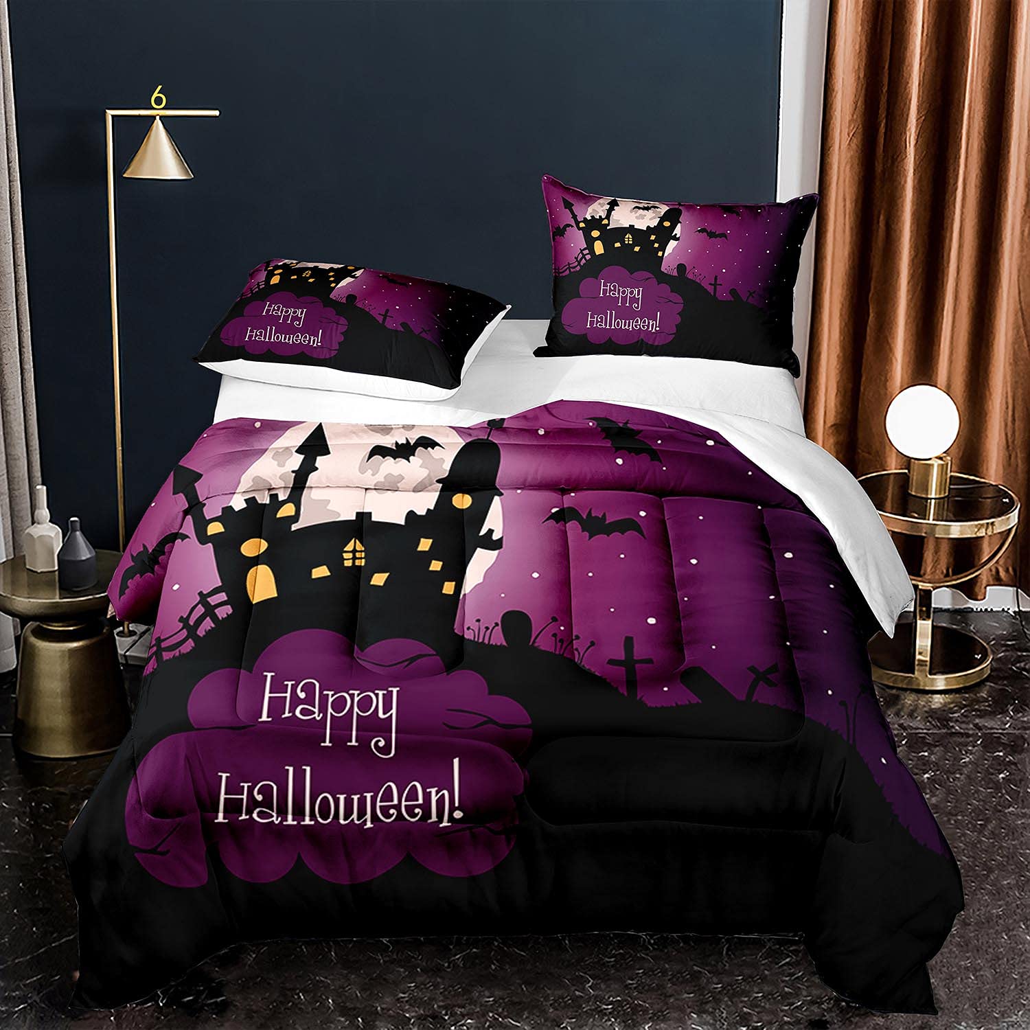 Happy Halloween Full Bed Comforter Set - 3 Piece Night Castle Bat Purple Bedding (1 Comforter + 2 Pillow Shams) for Spooky Bedroom Decor & Seasonal Home Decor