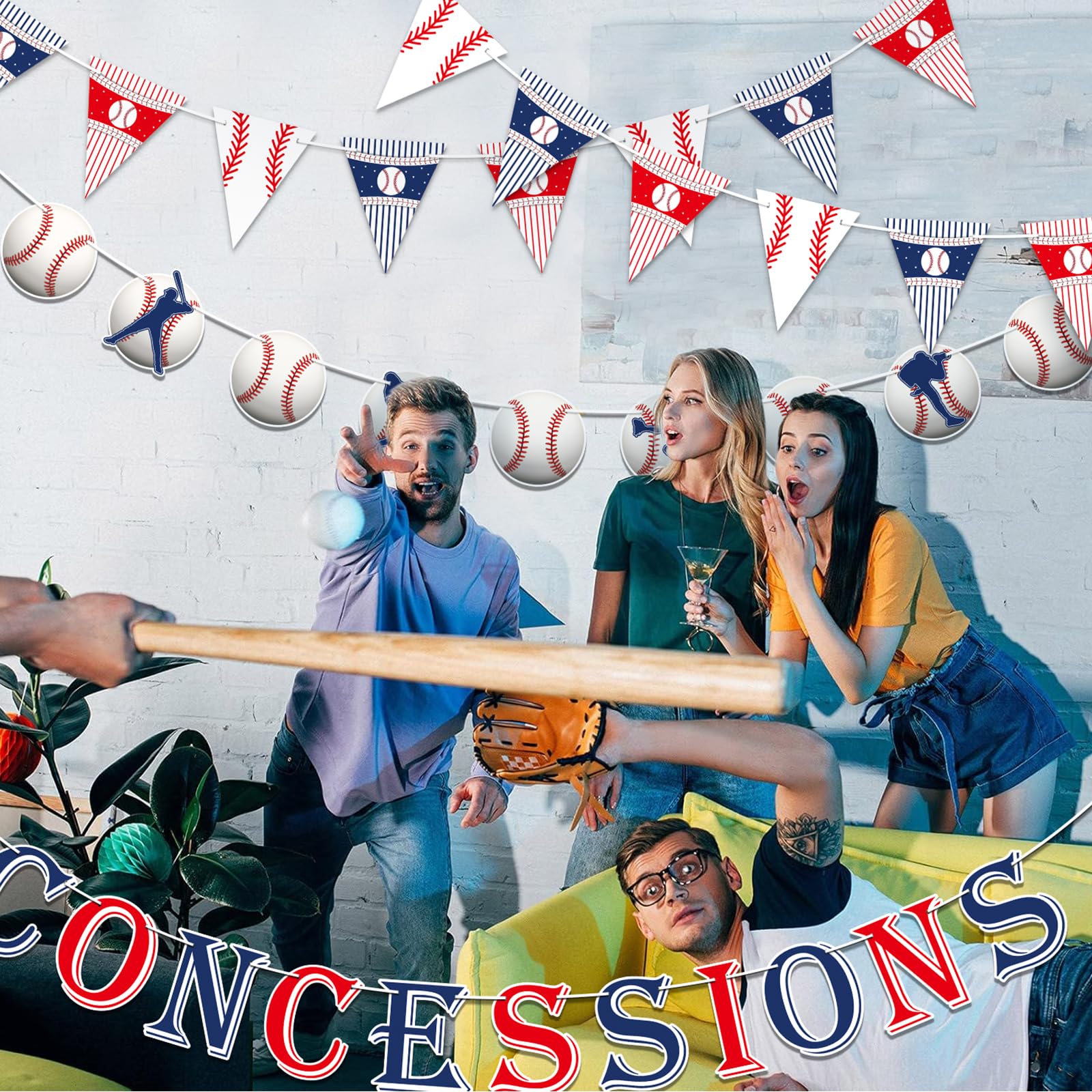 KALEFO Baseball Party Decorations Set - 4PCS Sports Theme Birthday Banner & Triangle Flags for Baby Shower, Game Day & Team Celebrations