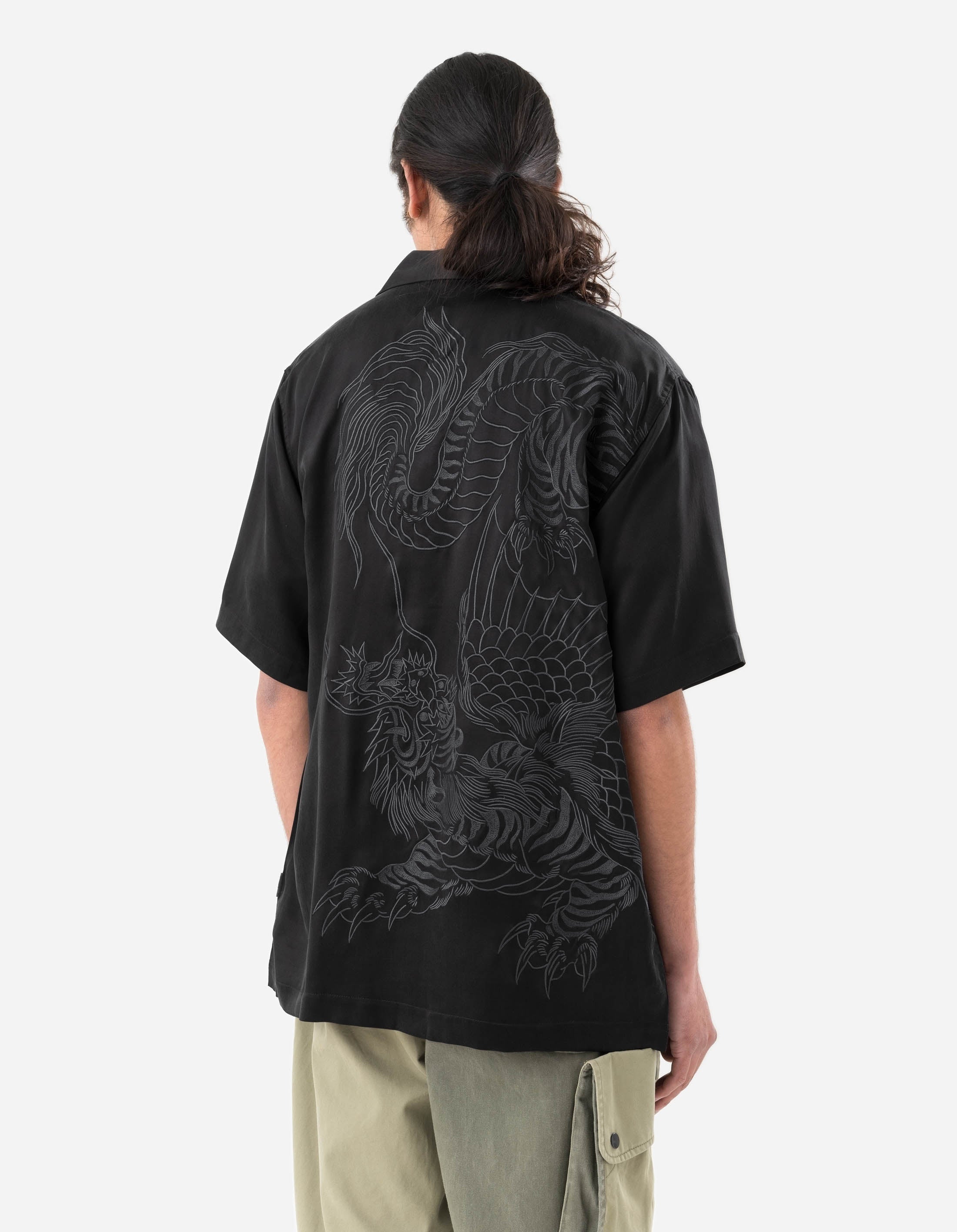 Men's 6098 Tiger Dragon Print Camp Collar Shirt - Black Casual Short Sleeve Hawaiian Style Shirt for Summer Beach Vacation & Streetwear Fashion