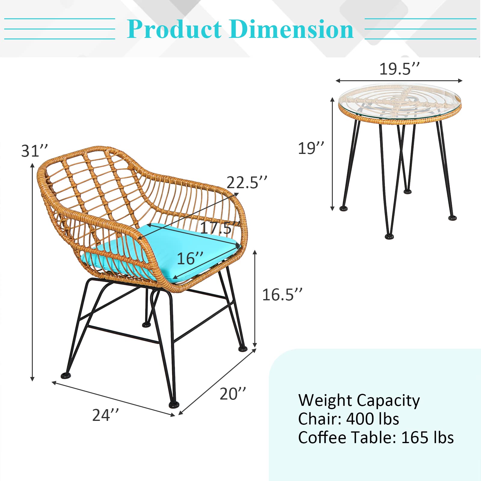 **Tangkula 3-Piece Patio Bistro Set - Rattan Wicker Conversation Set with 2 Cushioned Armchairs & Round Glass Coffee Table - Indoor/Outdoor Furniture for Balcony, Backyard, Garden, Poolside - Perfect for Relaxing, Entertaining & Outdoor Dining**