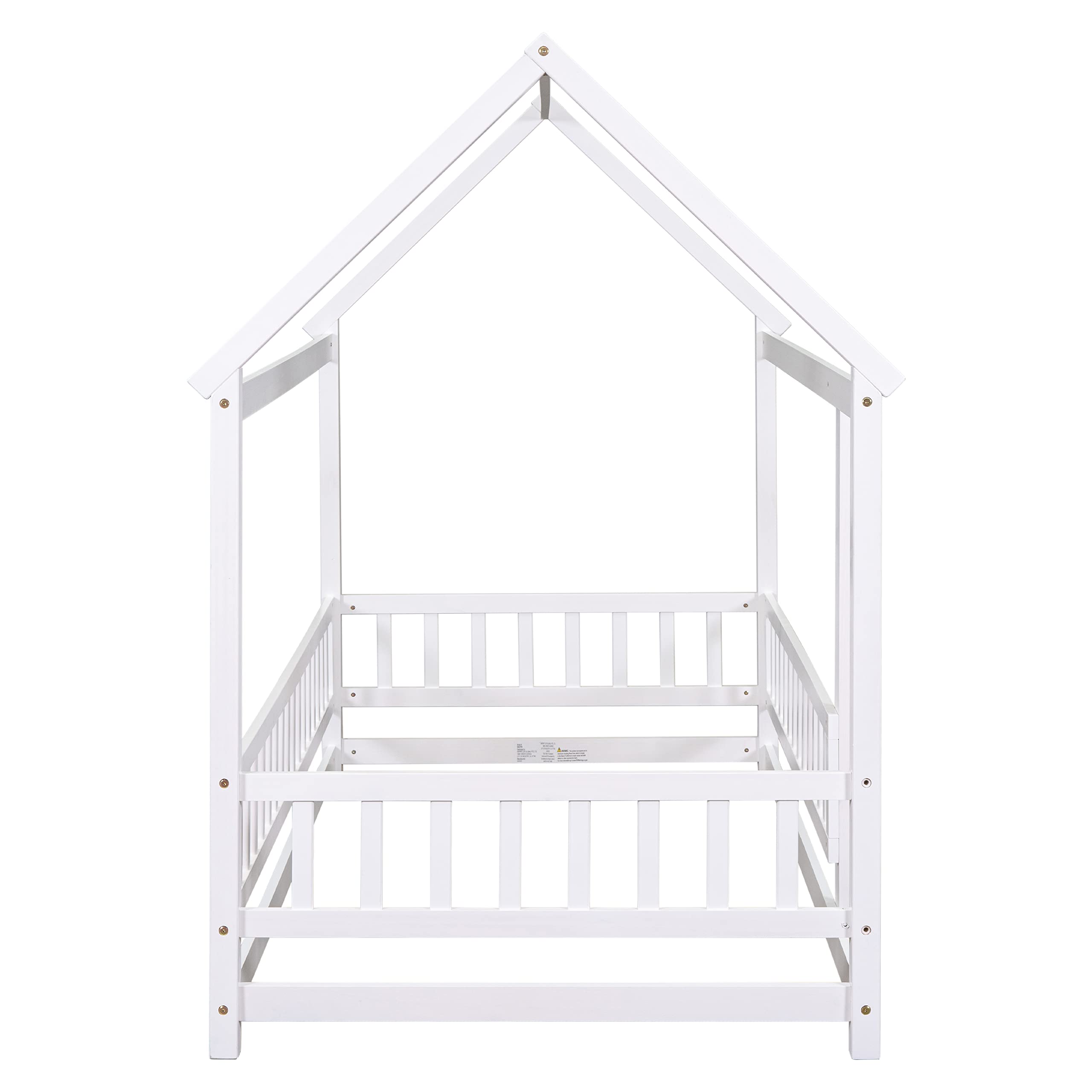 **Bellemave Twin Size Wooden Montessori Floor Bed with Fence & Roof - Kids House Bed Frame for Boys & Girls (White) - Perfect for Toddler Rooms, Playrooms & Montessori Learning Spaces**