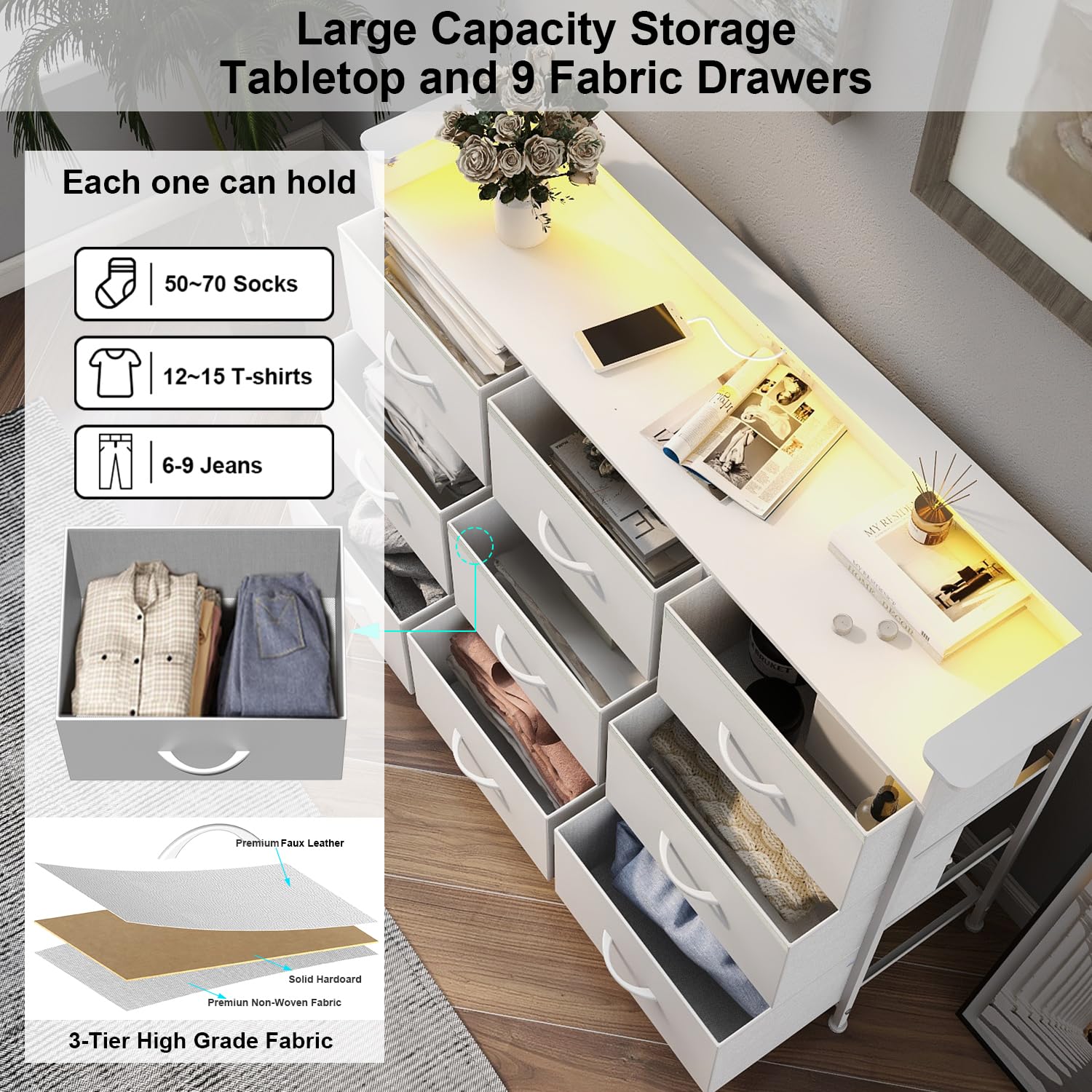 EXOTICA 9-Drawer White Dresser with LED Lights & USB Charging Station - Sturdy Steel Frame & Wooden Top for Bedroom, Entryway, Living Room, Hallway | Easy Pull Handles, Modern Storage Solution for Clothes & Accessories