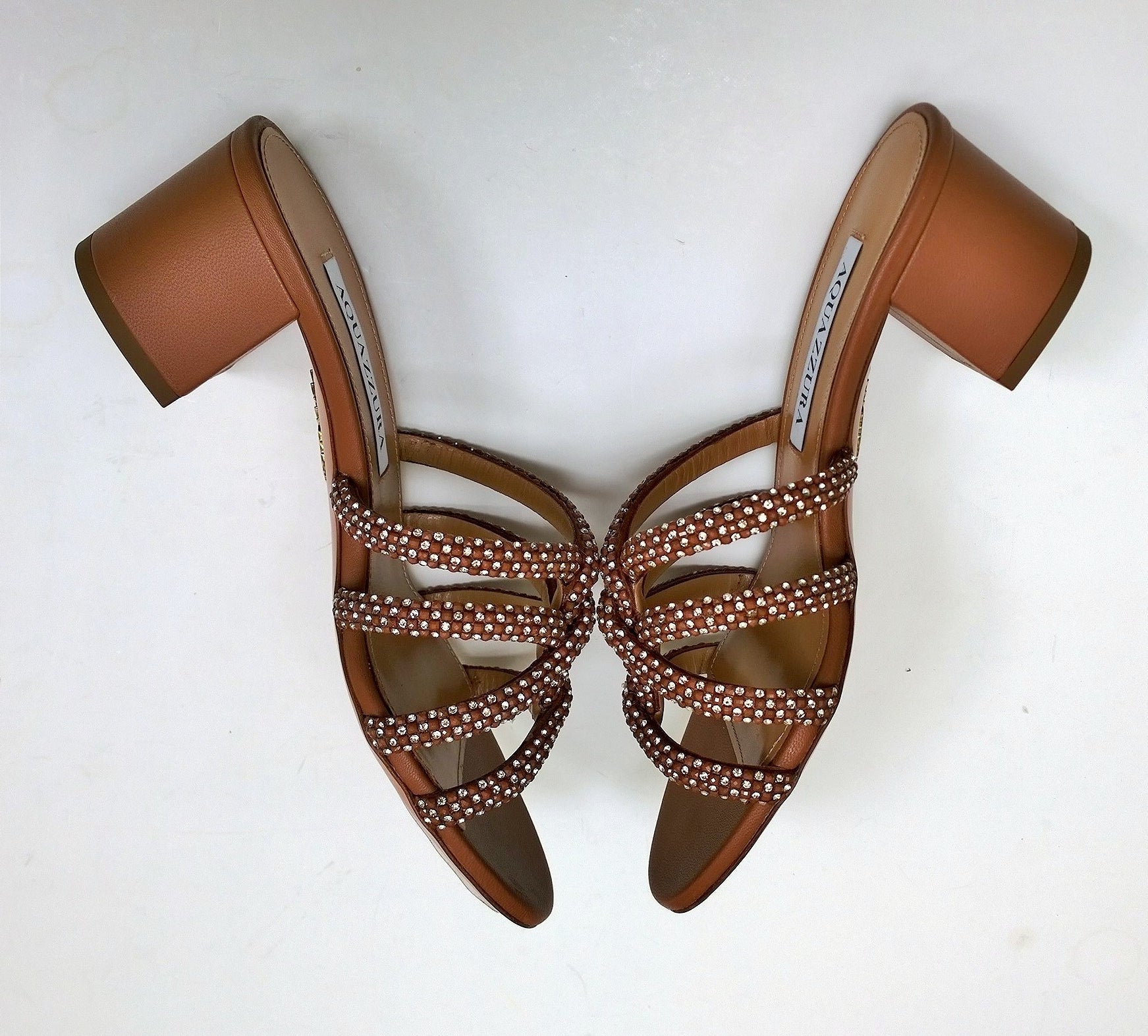 Aquazzura Moondust Crystal 50 Cuoio Tan Leather Rhinestone Sandals with Block Heel Slides - Perfect for Weddings, Parties & Summer Vacations