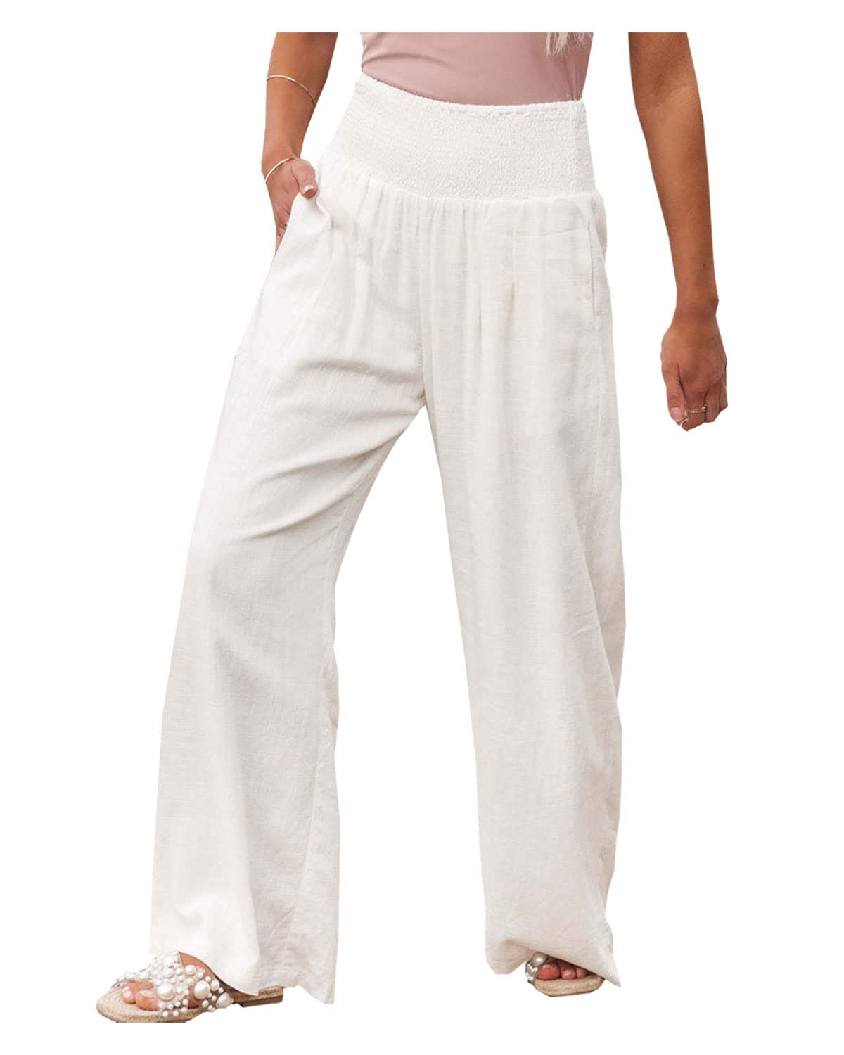 **Cyparel Women's Casual Cotton Linen High Waisted Wide Leg Pants - Loose Straight Leg Trousers with Pockets for Work, Travel & Everyday Comfort**