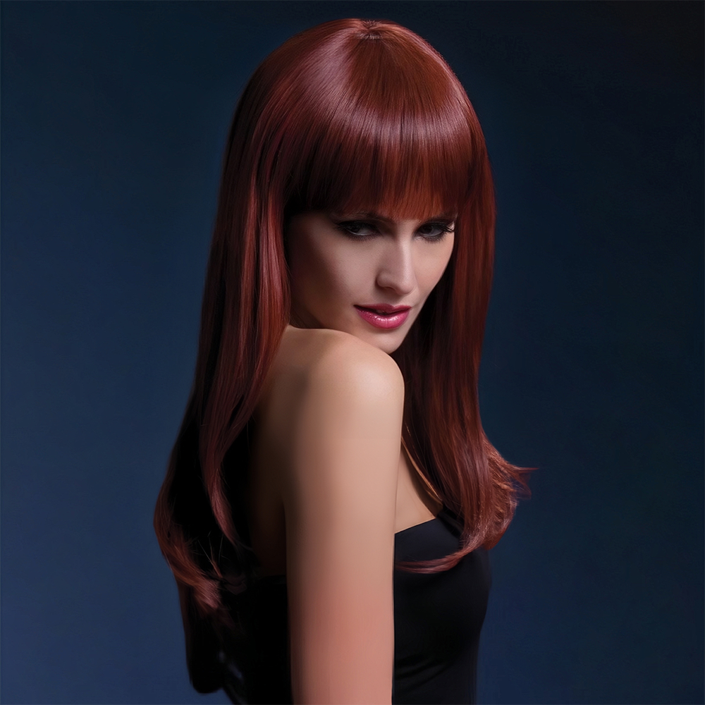 Abell'a Scarlet Seductress 55cm Wavy Synthetic Wig With Bangs - Long Curly Cosplay Wig for Halloween, Parties & Costume Events