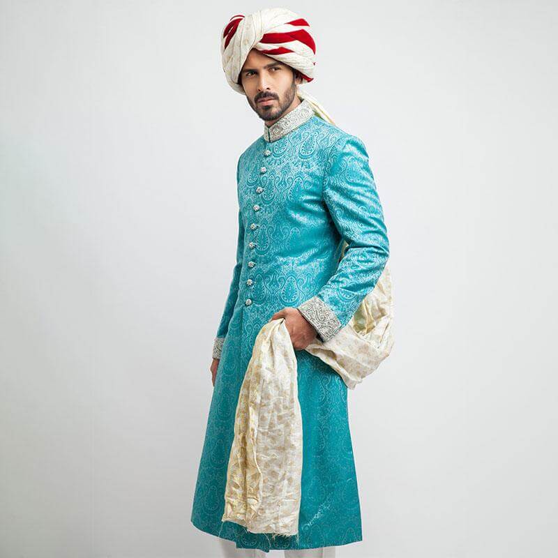 Bright Turquoise Pure Jamavar Silk Sherwani for Men - Elegant Indian Wedding Attire & Formal Occasions