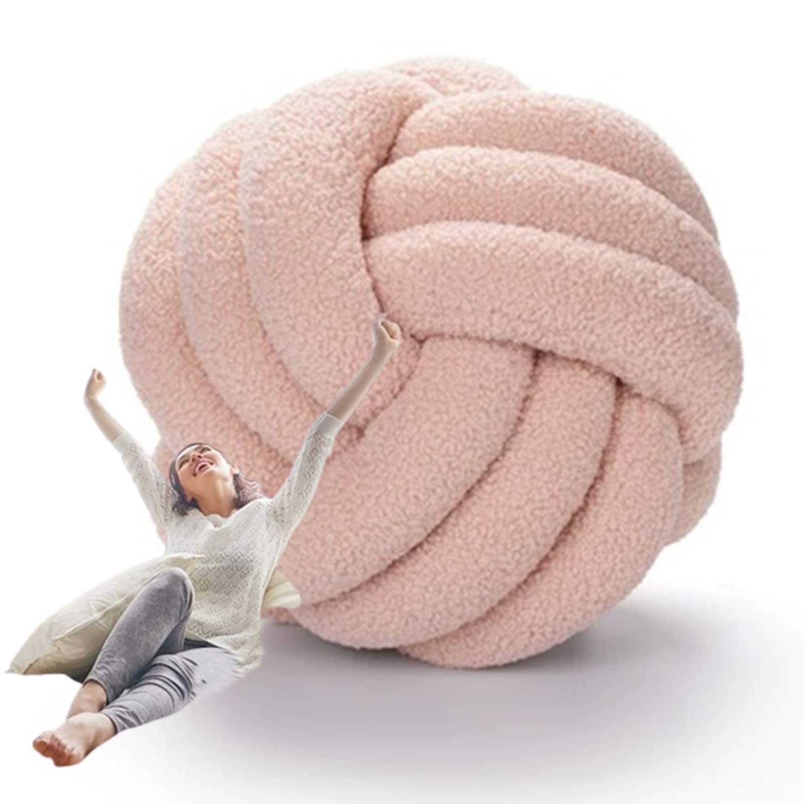 Handmade Lamb Wool Knot Ball Pillow - Soft Round Throw Cushion for Bedroom, Couch, Car & Office Decor (Cherry Pink, 11 Inch) - Cozy Home Accent for Relaxation & Comfort