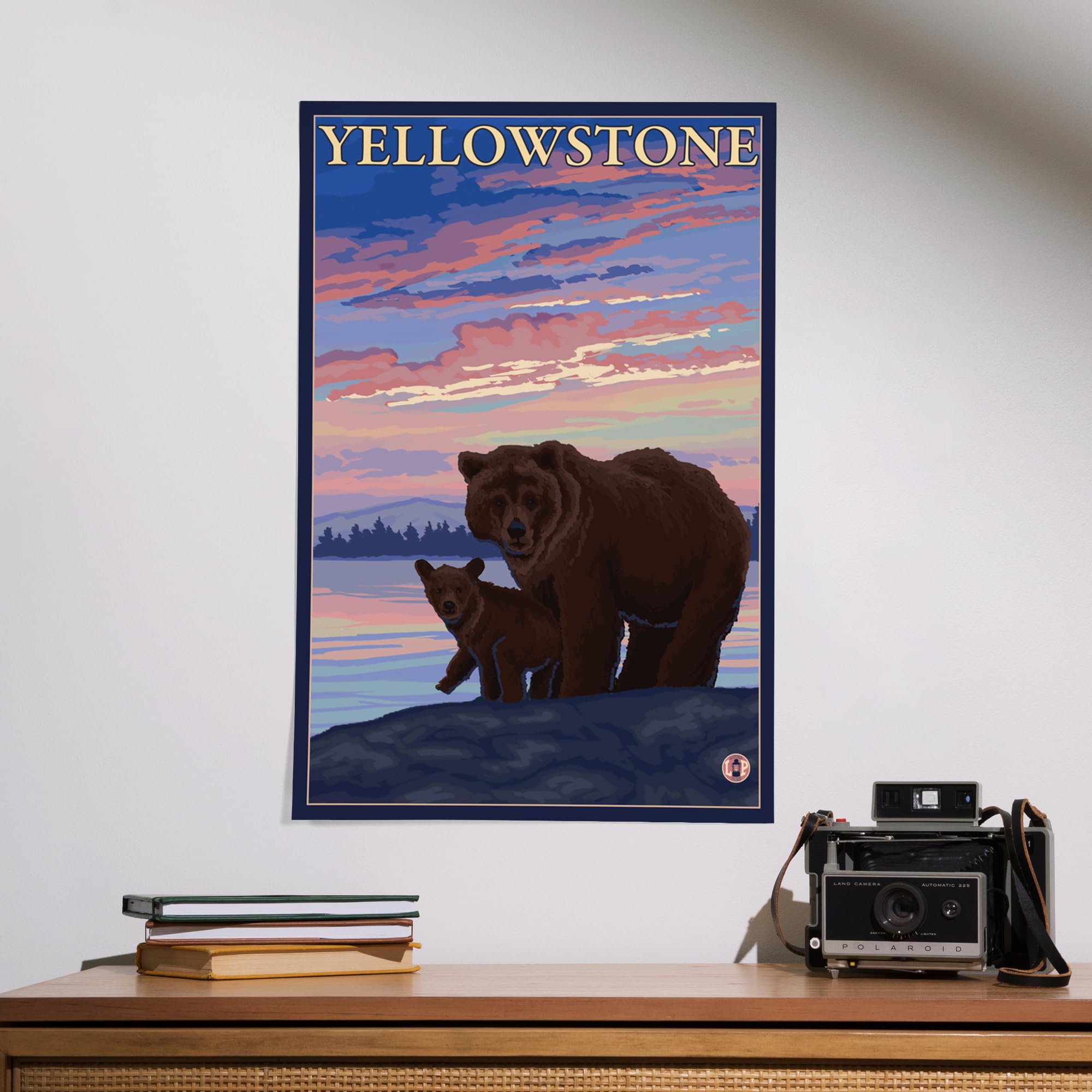 Lantern Press 16x24 Inch Giclee Art Print - Yellowstone National Park Landscape with Bear and Cub Wildlife Scene - Premium Wall Decor for Living Room, Bedroom & Office