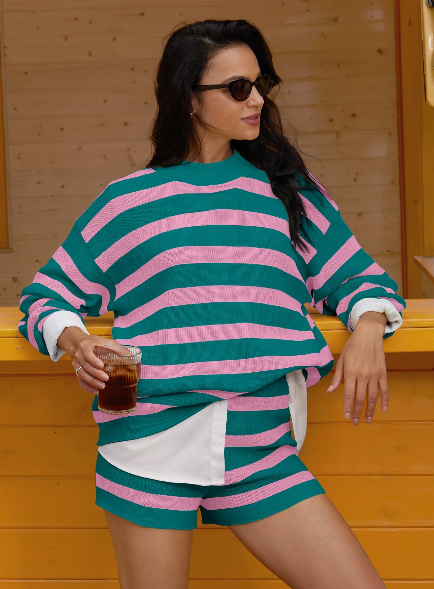 Yanekop Women's Striped Sweater & Shorts Lounge Set - Oversized 2-Piece Pajama Set with Long Sleeve Tunic | Cozy Loungewear for Home, Sleep & Relaxation