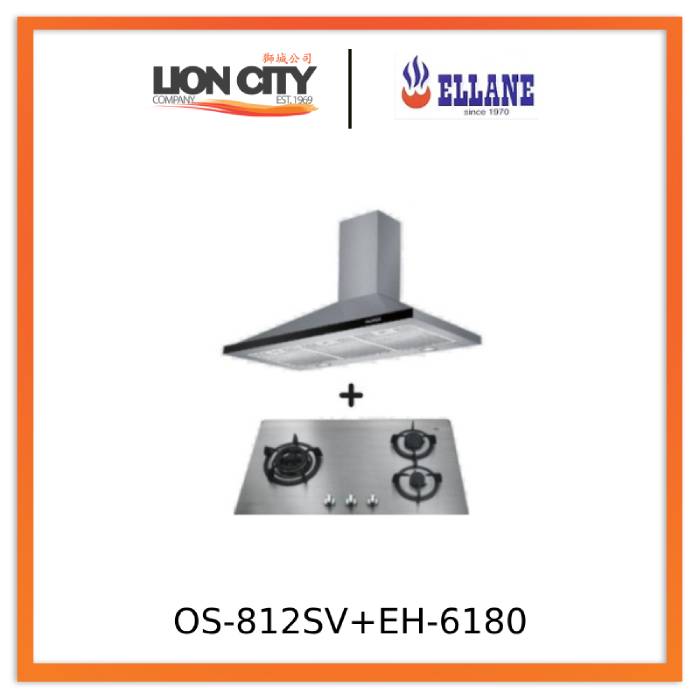 Ellane EH 6180 90cm Stainless Steel Kitchen Chimney Hood with Ellane OS 812SV 86cm 3-Burner Stainless Steel Gas Cooktop - Powerful Ventilation for Smoke-Free Cooking | Perfect for Modern Home Kitchens