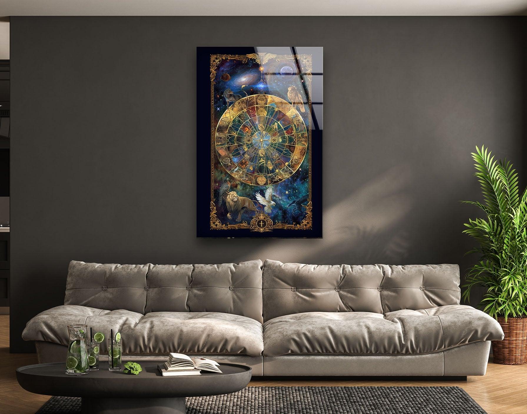 Celestial Astrology Glass Wall Art Decor - Handmade Zodiac Sign Mural for Home, Office & Meditation Room - Perfect for Spiritual Spaces & Gift Giving