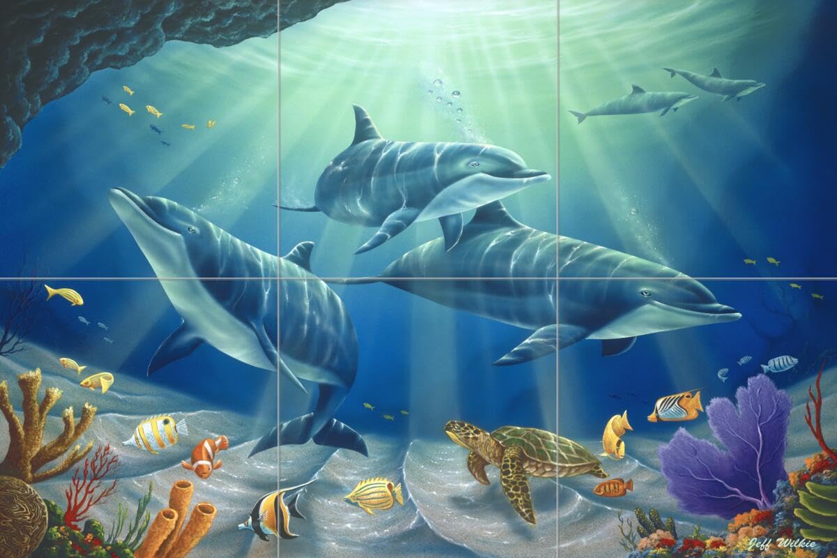 Dolphin & Whale Ceramic Backsplash Tile Mural - Underwater Ocean Fish Theme for Kitchen, Bathroom & Shower - Dolphin Family Art by Jeff Wilkie - Perfect for Coastal, Beach & Nautical Home Decor