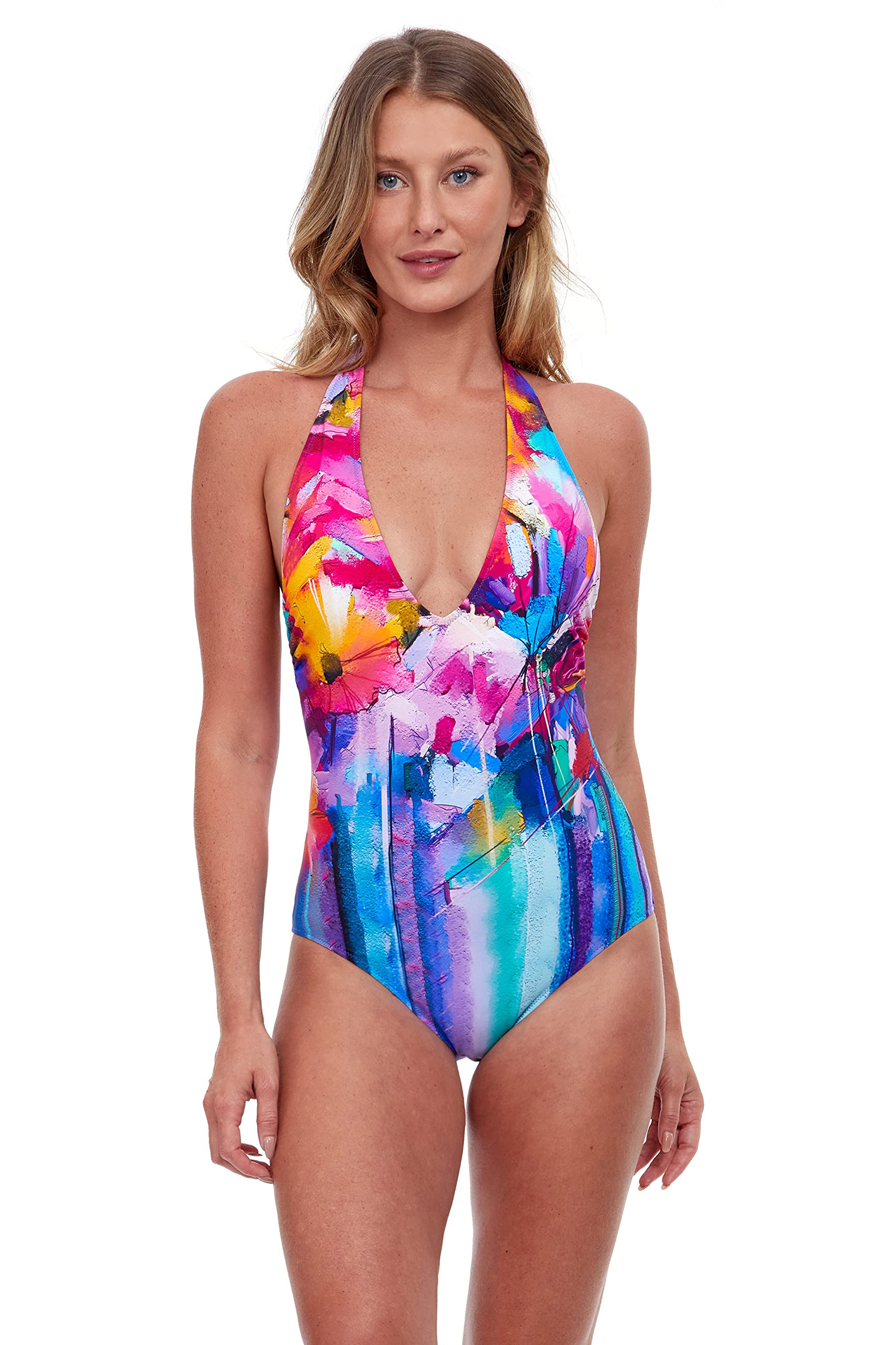 Gottex Women's Italian Summer Deep V Halter One Piece Swimsuit - Sexy Beachwear for Pool, Vacation & Tropical Getaways