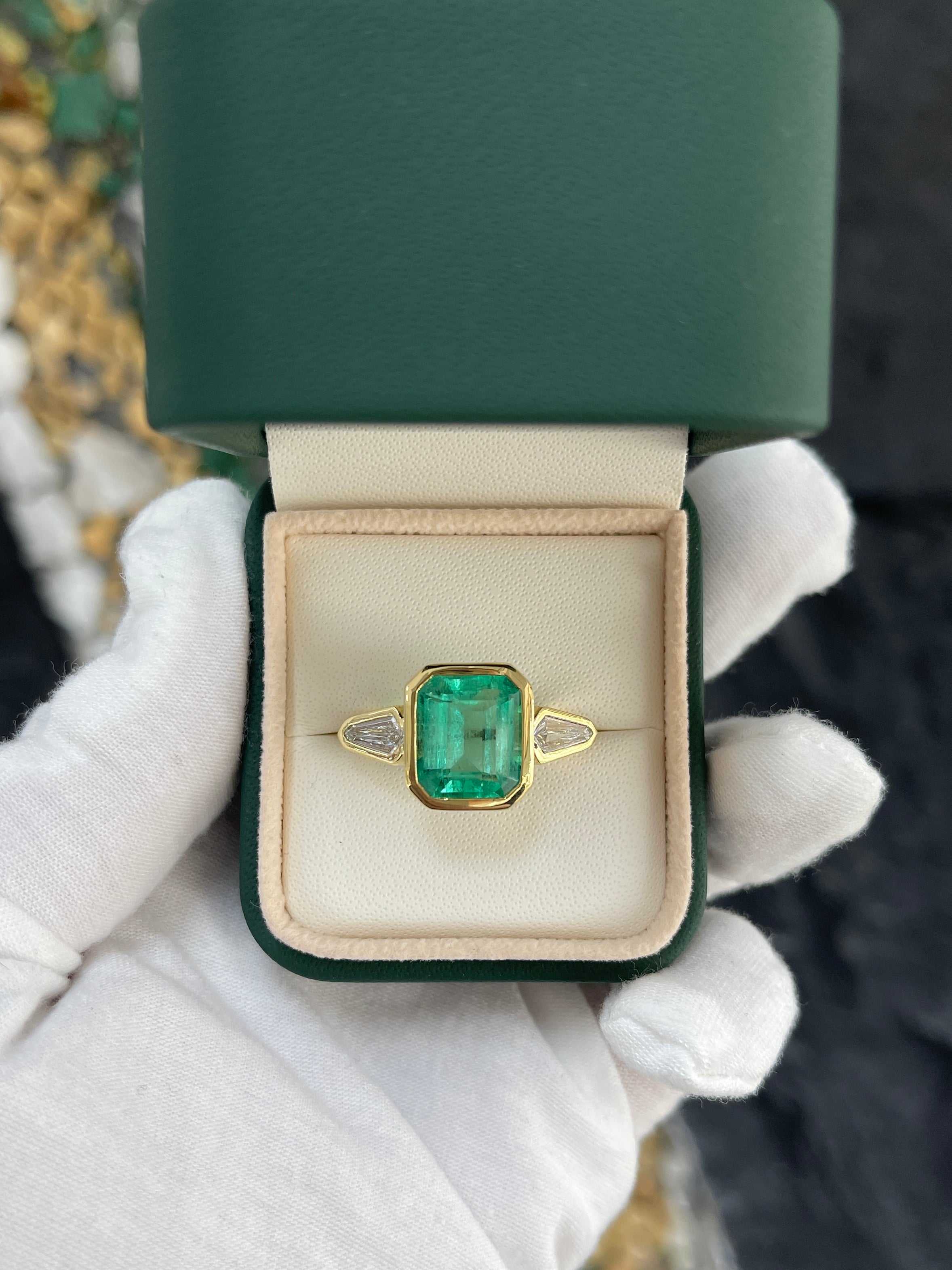 7.49tcw Colombian Emerald & Kite Diamond Three Stone Ring in 18K Gold Bezel Setting - Perfect for Engagement, Anniversary & Special Occasion Jewelry Gifts