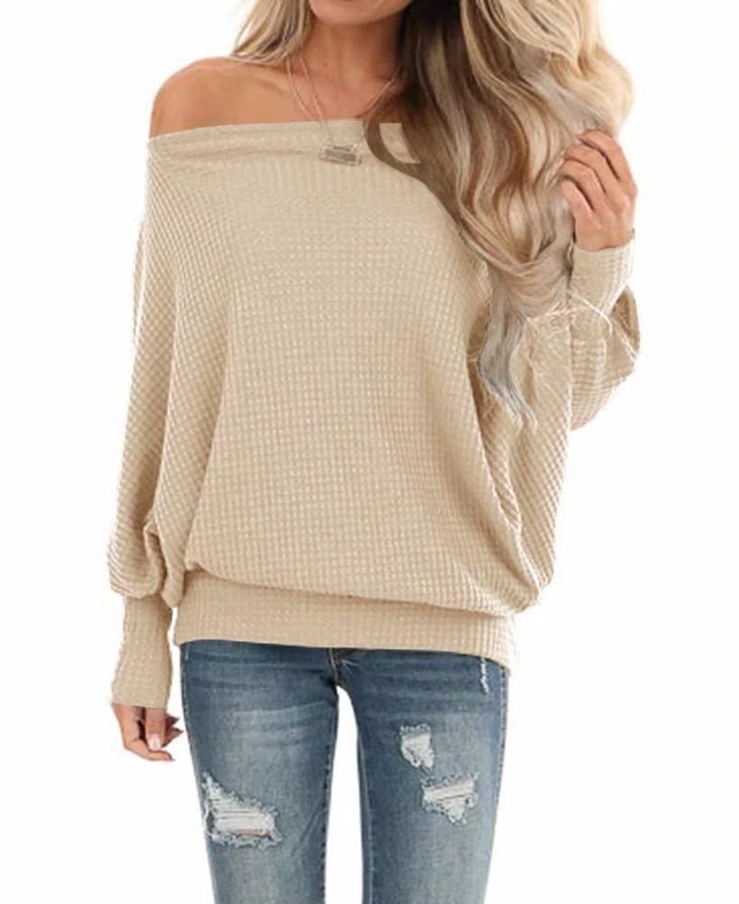 Lacozy Women's Oversized Waffle Knit Off Shoulder Sweatshirt - Long Sleeve Tunic Pullover Sweater for Casual Wear, Fall Outfits & Cozy Loungewear