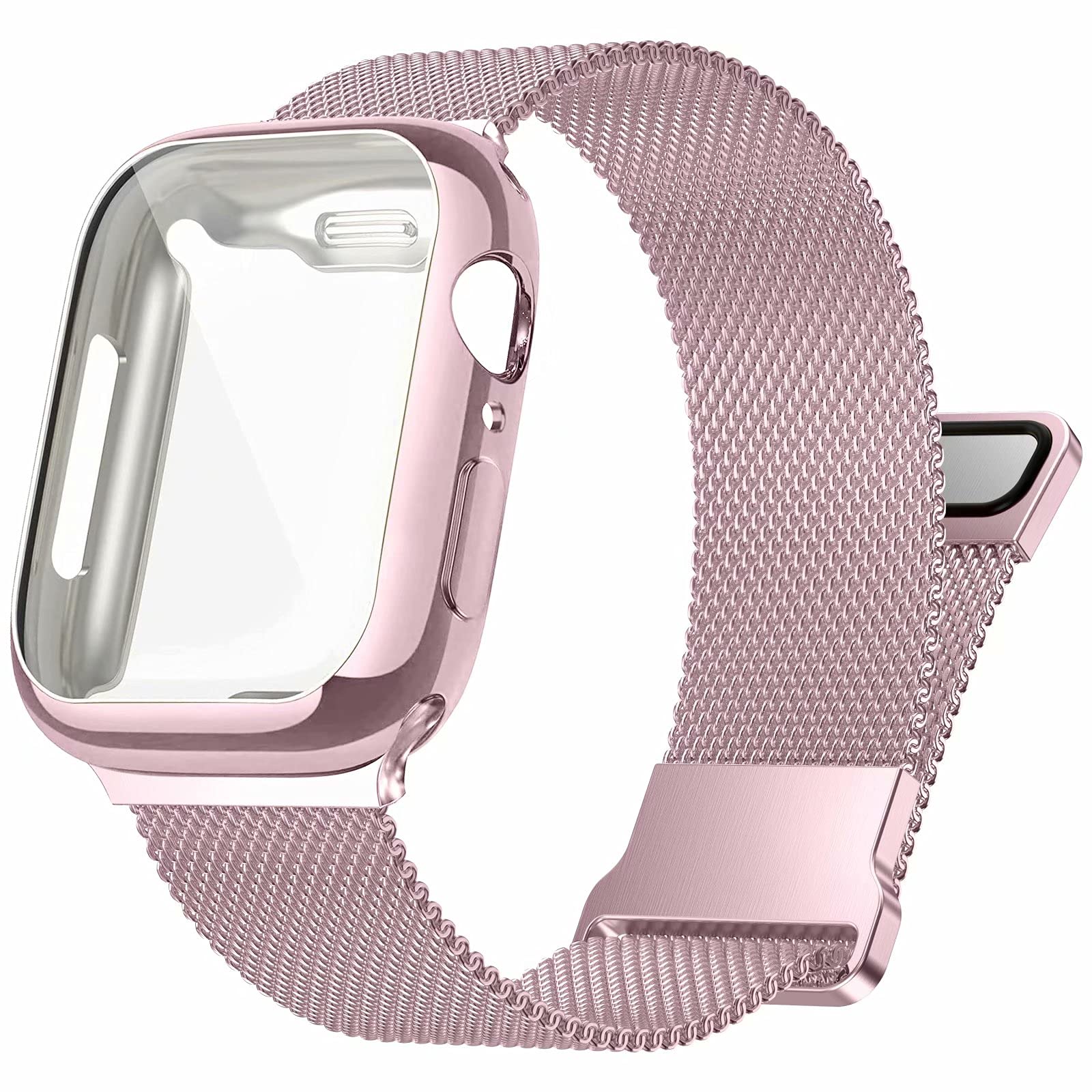 Premium Stainless Steel Band for Apple Watch 38/40/41/42/44/45mm - Magnetic Strap Compatible with iWatch Series 9/8/7/6/5/4/SE/3/2/1 - Includes Screen Protector Case - Perfect for Workouts, Office & Everyday Wear (Men & Women)