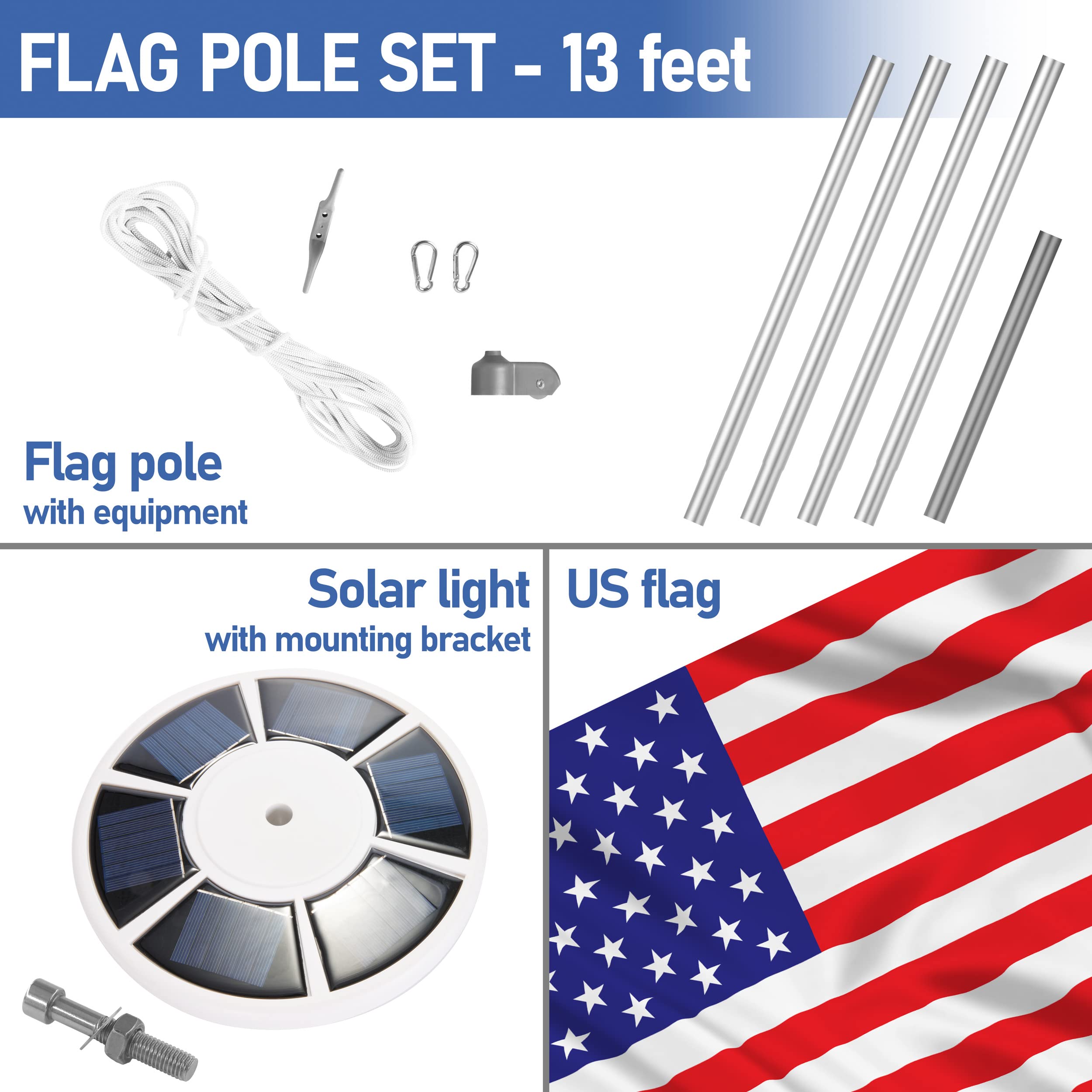 BRUBAKER 13 Ft Aluminum Flagpole Kit with 3x5 Ft American Flag & Solar Lights - Heavy Duty In-Ground Flag Pole Set for Patriotic Home & Business Decor, Perfect for Front Yard, Garden, and Commercial Buildings