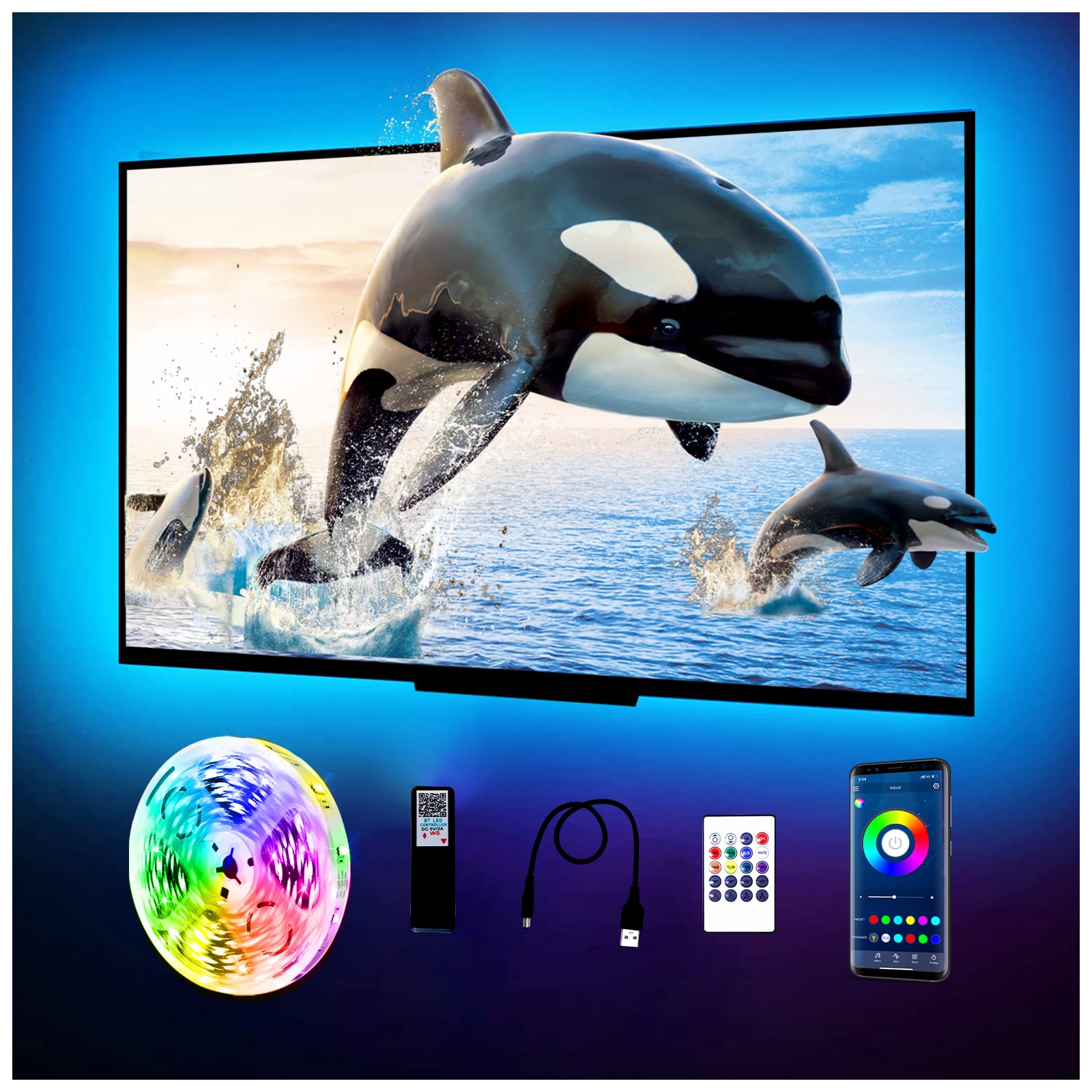 Phopollo 12.5Ft RGB LED Strip Lights for 55-65 inch TV Backlight - Bluetooth Smart App Controlled Color Changing TV Lighting with USB Power for Home Theater & Gaming Setup
