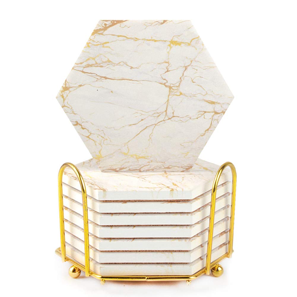 Premium Absorbent Marble Drink Coasters Set of 8 with Cork Base - Gold Ceramic Cup Coasters with Metal Holder for Wooden Tables - Rustic Home Decor for Living Room, Bar & Housewarming Gifts (4 Inch) - Perfect for Coffee Tables, Dinner Parties & Protecting Furniture Surfaces