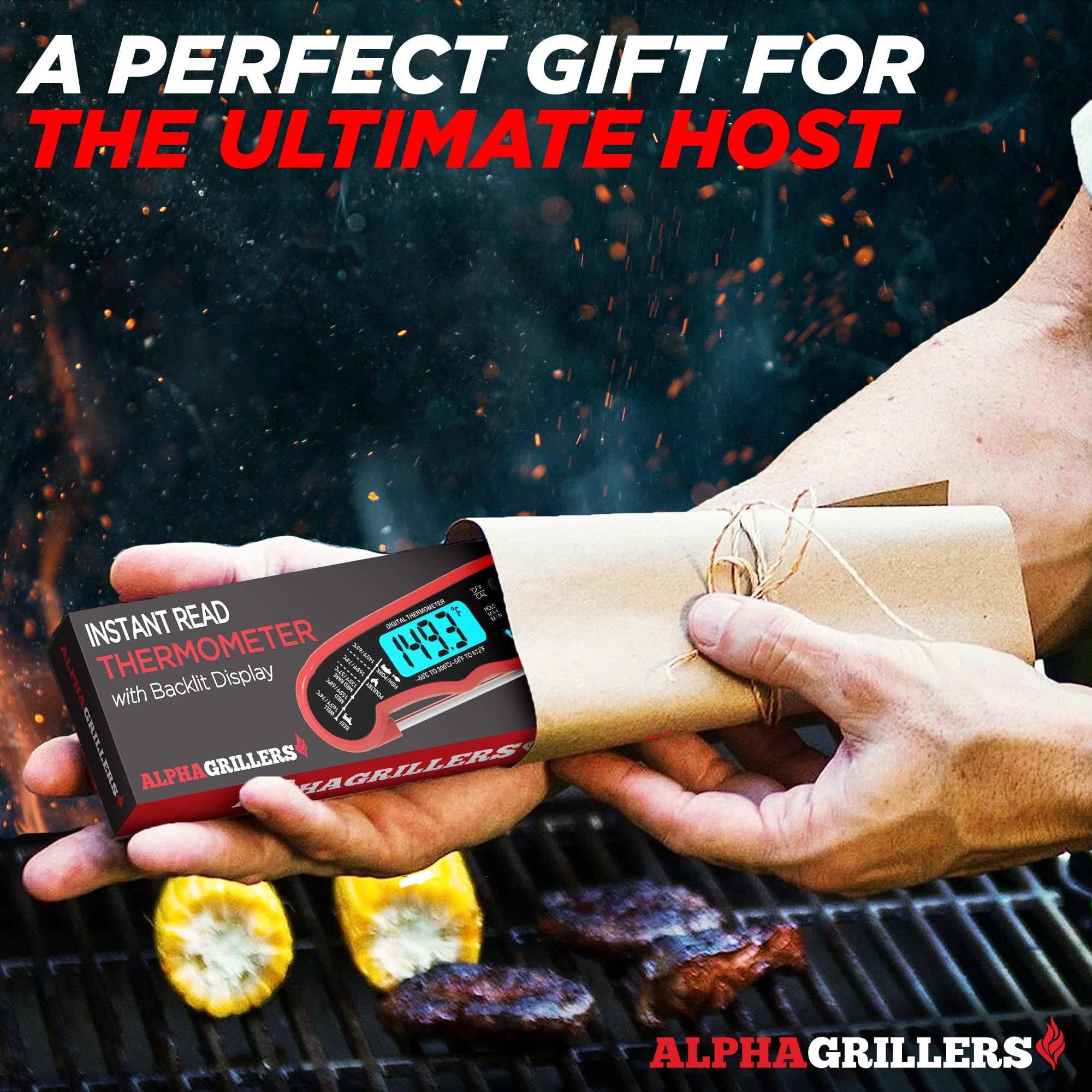 Alpha Grillers Digital Meat Thermometer - Instant Read Food Thermometer for Cooking, Grilling, Air Frying & BBQ | Waterproof Kitchen Thermometer with Backlit Display | Perfect for Steak, Chicken, Turkey & Baking | Great Gift for Men, Dad, Husband on Father's Day, Birthday & Holidays