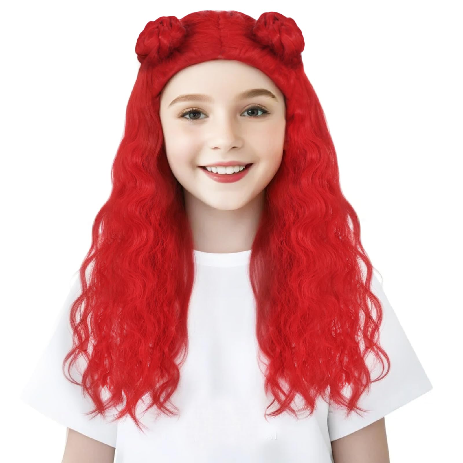ANOGOL Long Curly Red Wig with 2 Buns - Synthetic Cosplay Hair for Women & Girls - Perfect for Halloween, Themed Parties, Costume Events & Cosplay Outfits
