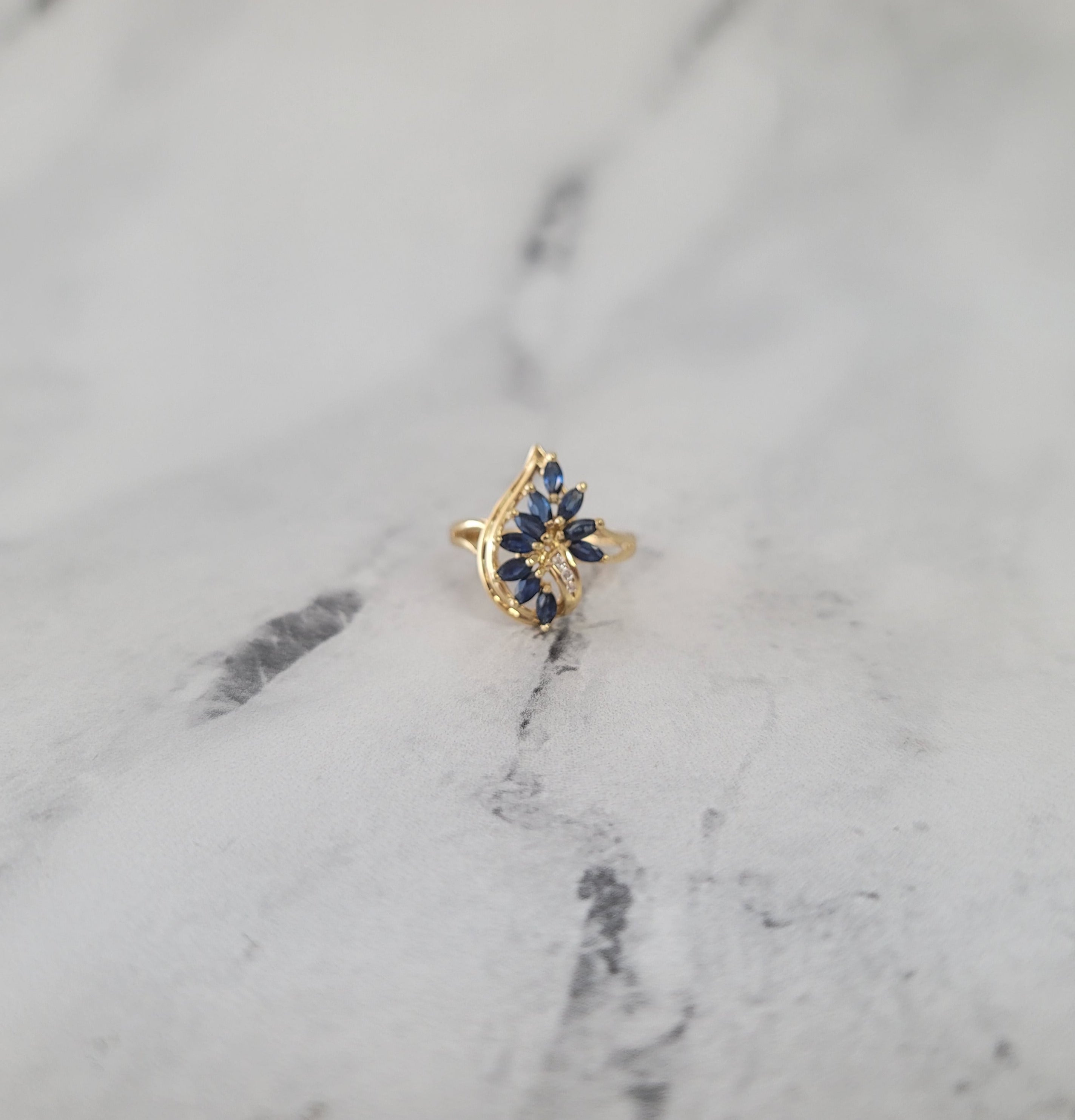 1 Carat Marquise Cut Sapphire & Diamond Cluster Ring in 14K Yellow Gold - Elegant Engagement, Anniversary or Gift Jewelry for Women