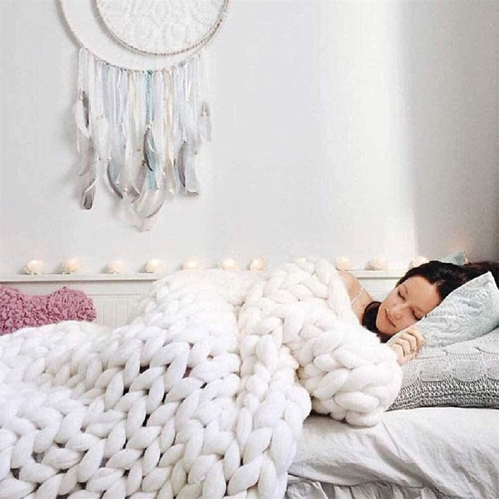 Handmade Chunky Knit Wool Throw Blanket for Sofa & Bed - 100x150cm (40x60inch) White - Cozy Winter Gift for Home Decor, Living Room, Nursery & Office