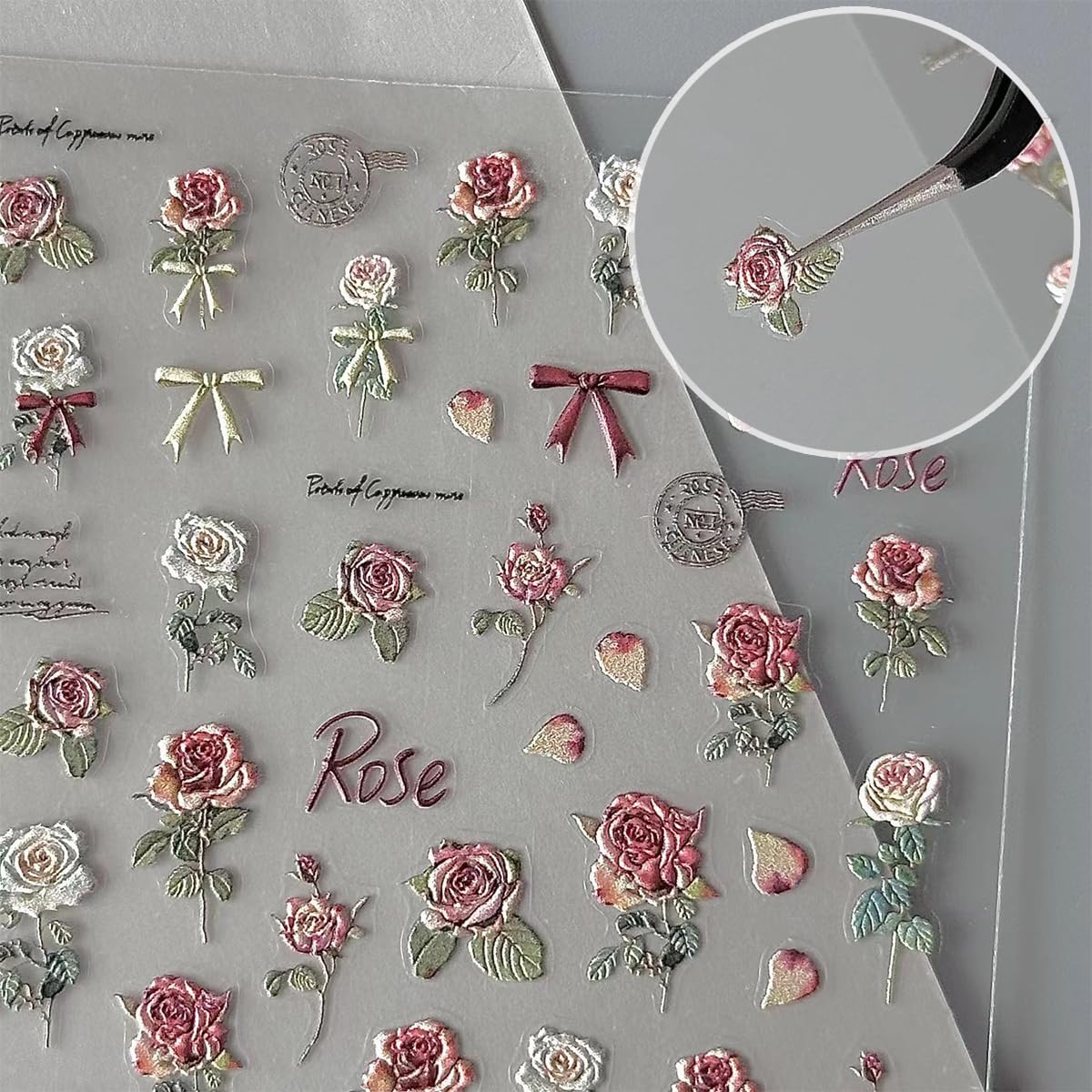 5D Embossed Luxury Nail Art Stickers - Retro Spring Rose & White Flower Nail Decals for Women | 3 Sheets | Manicure Design Accessories for Parties, Weddings & Special Occasions