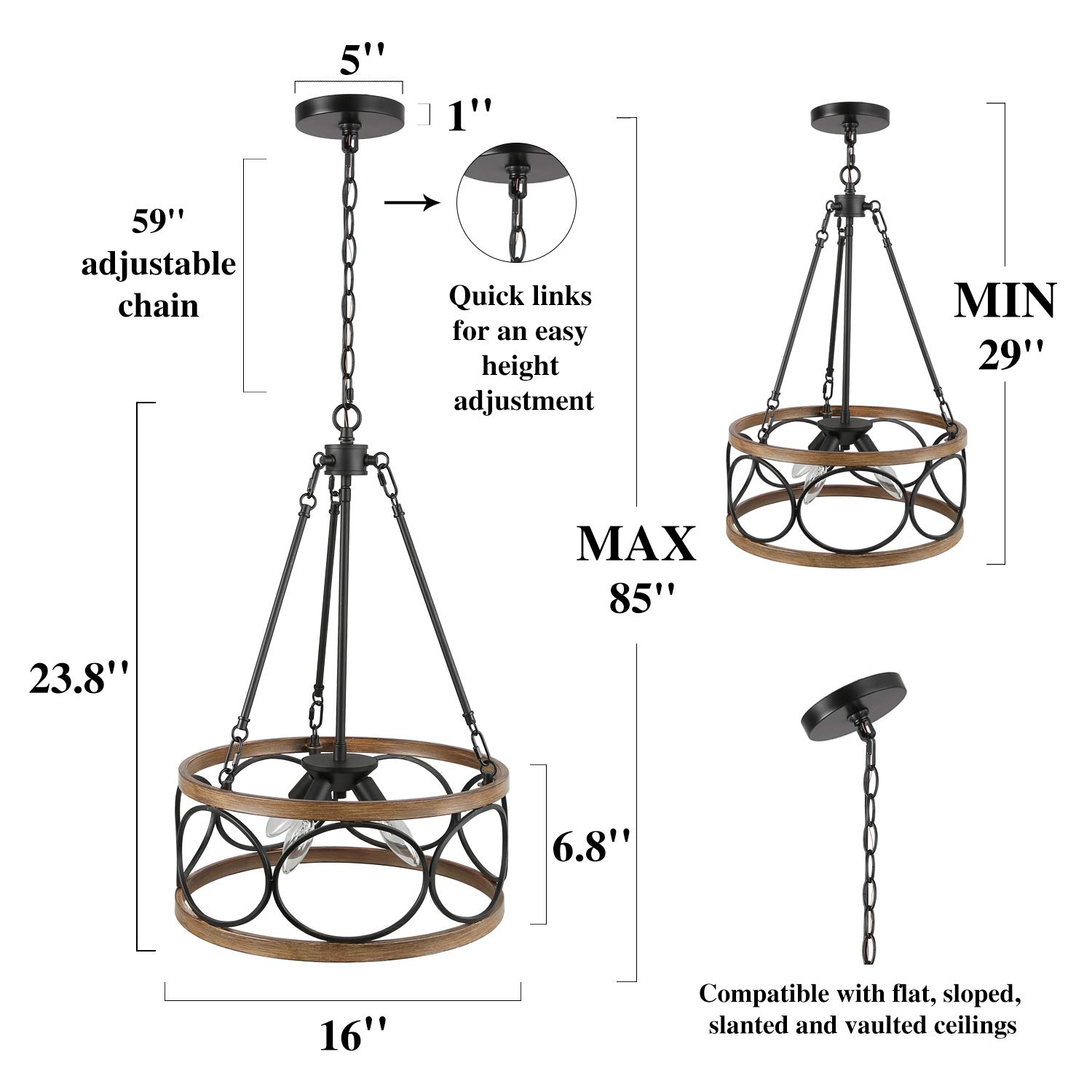 Durent Lighting Farmhouse Chandelier - 4-Light Drum Pendant Light with Faux Wood & Black Finish for Dining Room, Bedroom, Kitchen, Foyer | Rustic Home Decor & Modern Farmhouse Lighting