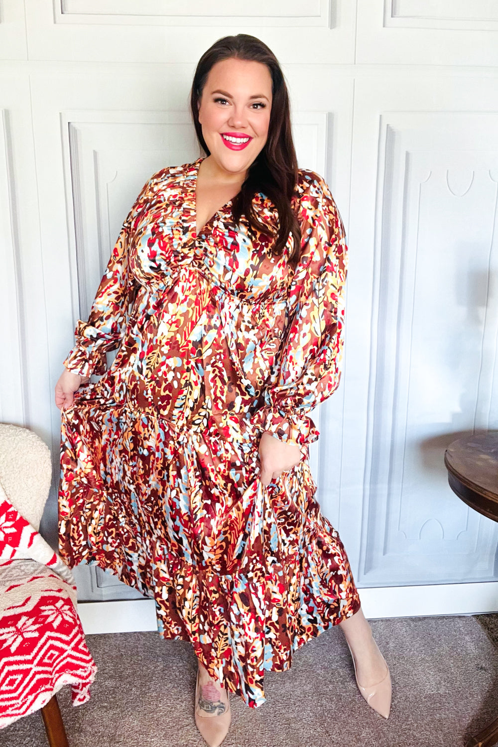 Feeling Femme Mocha Floral Print V-Neck Satin Maxi Dress for Women | Elegant Evening Gown for Weddings, Parties & Special Occasions