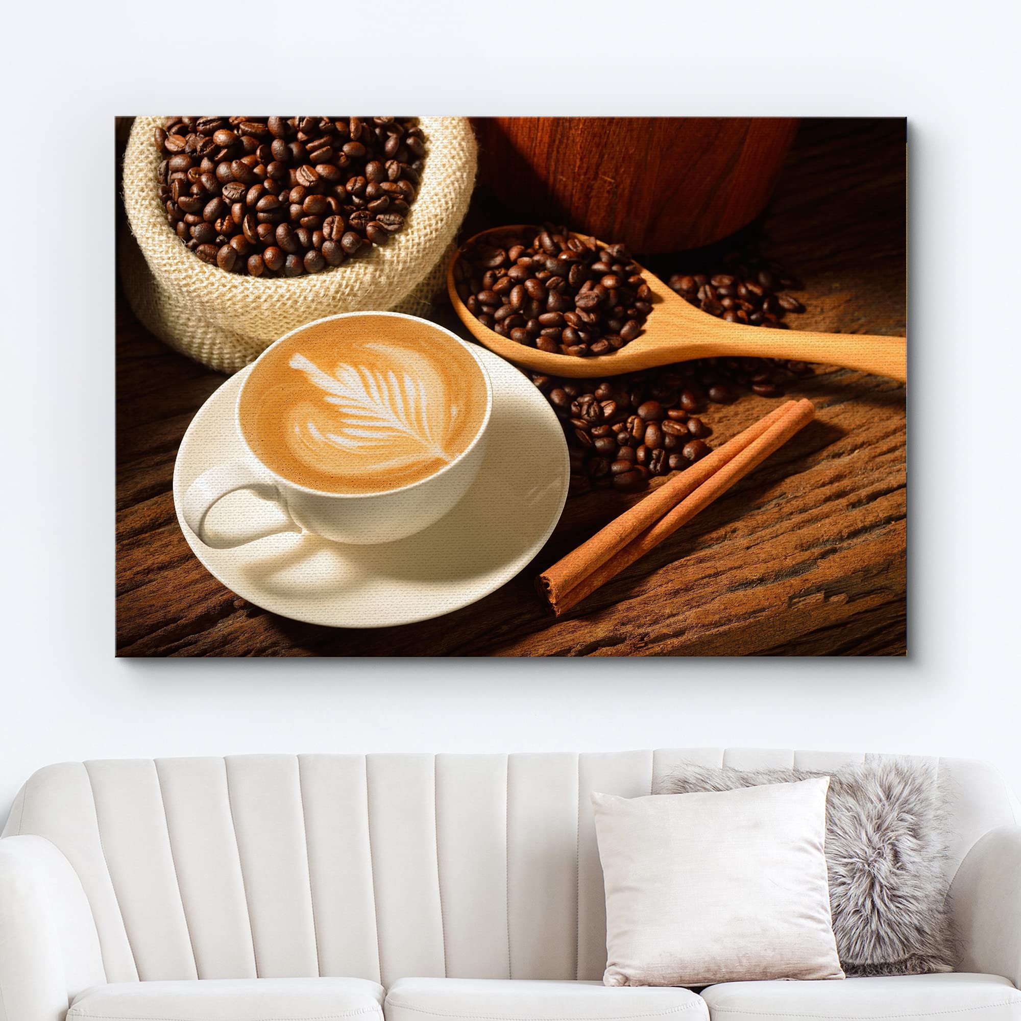 Modern Coffee Wall Art - Stretched Canvas Print of Cafe Latte & Coffee Beans | 12