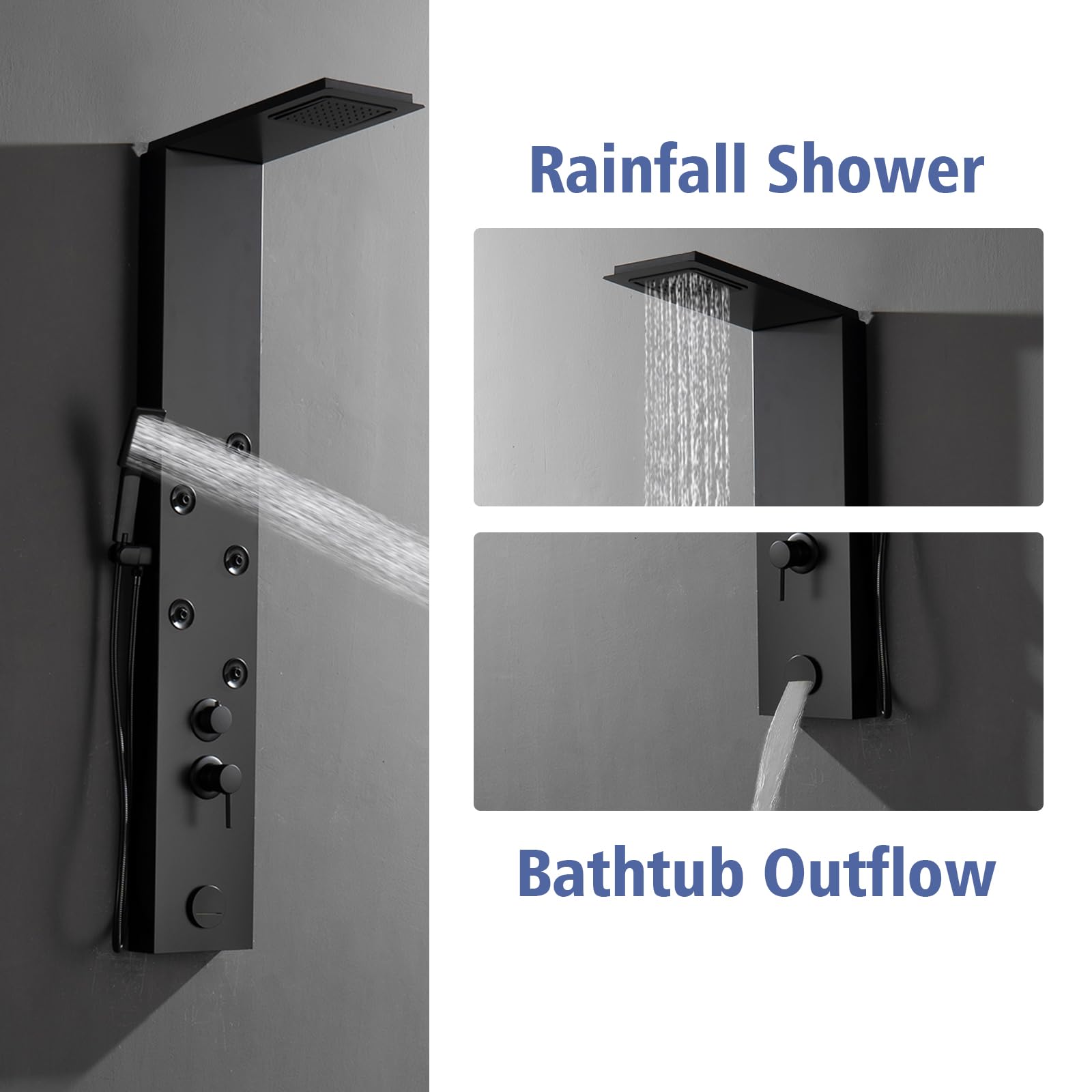 BWE 5-in-1 Stainless Steel Shower Panel System with Rainfall Shower Head, 5 Body Jets, Handheld Shower & Tub Spout - Wall Mount Black Shower Tower for Luxurious Bathroom Upgrade | Perfect for Spa-Like Experience in Master Bath or Modern Home Renovation