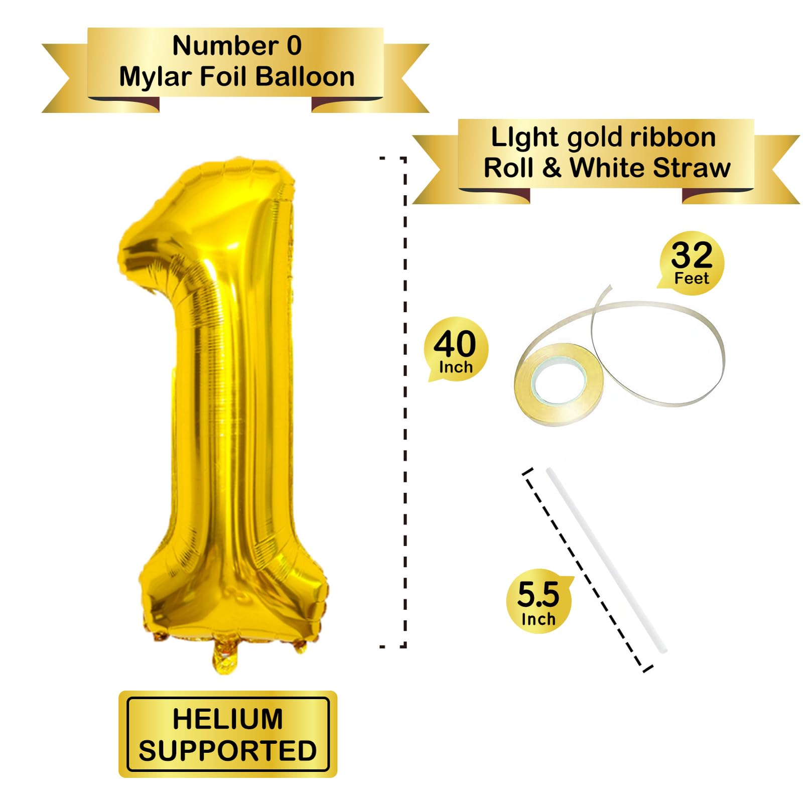 40 Inch Gold Number Balloons - Helium Mylar Foil Balloons for Birthday Party Decorations (1, 2, 3, 4, 5) - Perfect for 1st Birthday, Anniversary, Graduation & Baby Shower Decor - Party Supplies for Kids & Adults