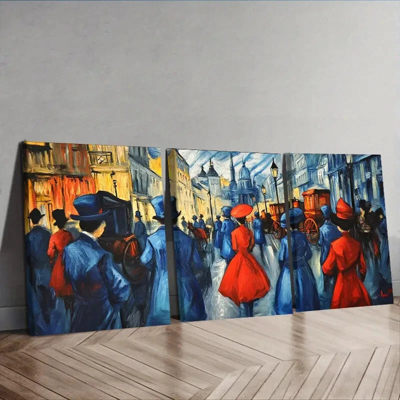 3-Piece Vibrant Market Scene Wall Art Set - Red People Canvas Prints 40x60cm (16x24in) Framed | High Quality Australian Made | Ready to Hang | Perfect for Living Room, Bedroom & Office Decor
