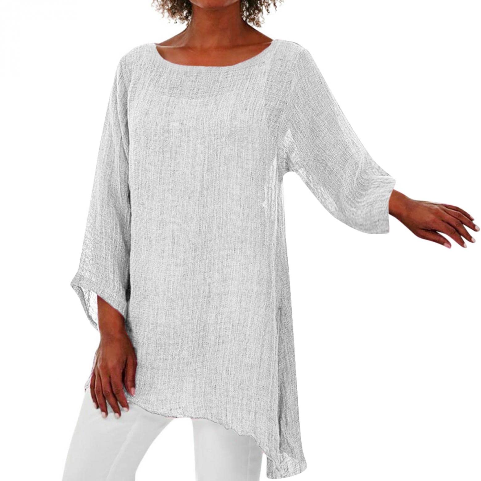 Women's Cotton Linen Long Sleeve Loose Tunic Top - Breathable Summer Casual Blouse with Boat Neck & Asymmetrical Hem | Plus Size Boho Shirt for Beach, Travel & Everyday Wear